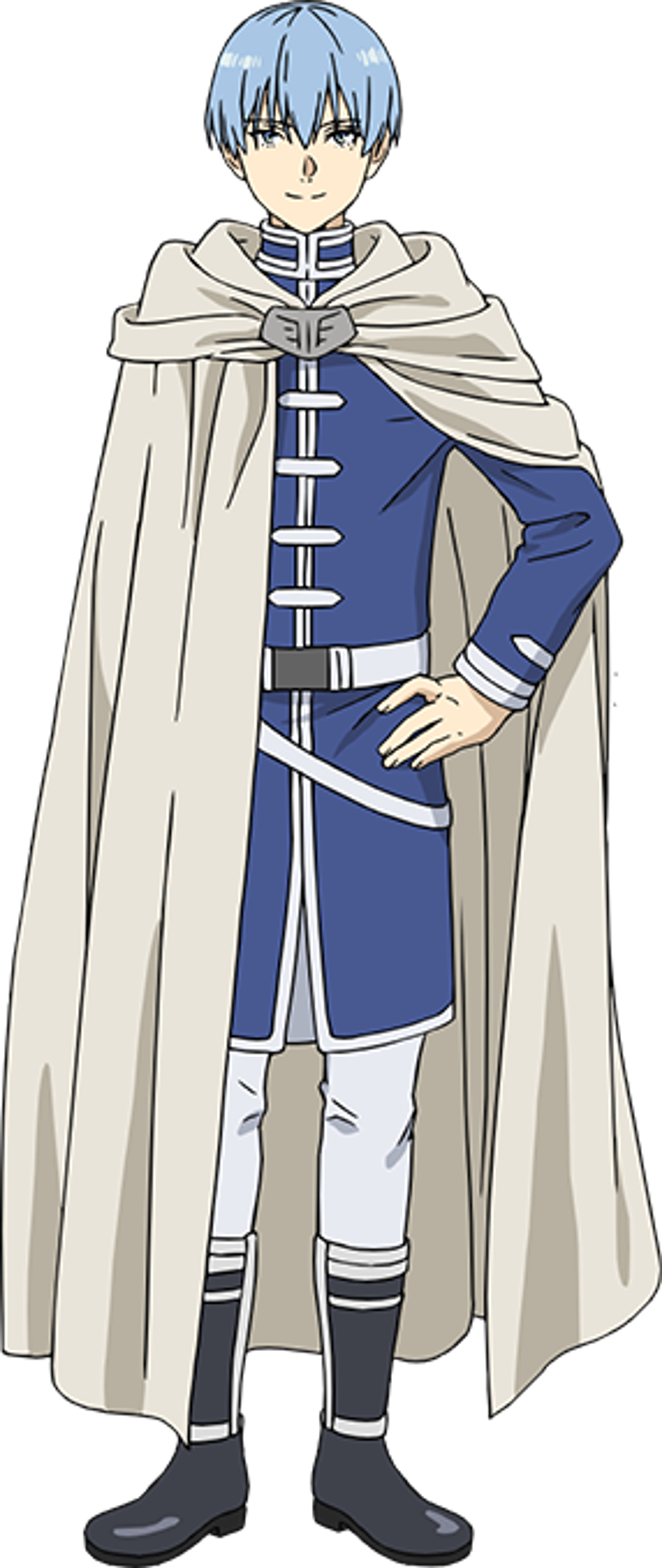 A young man in a white cloak and blue outfit with silver-gray hair