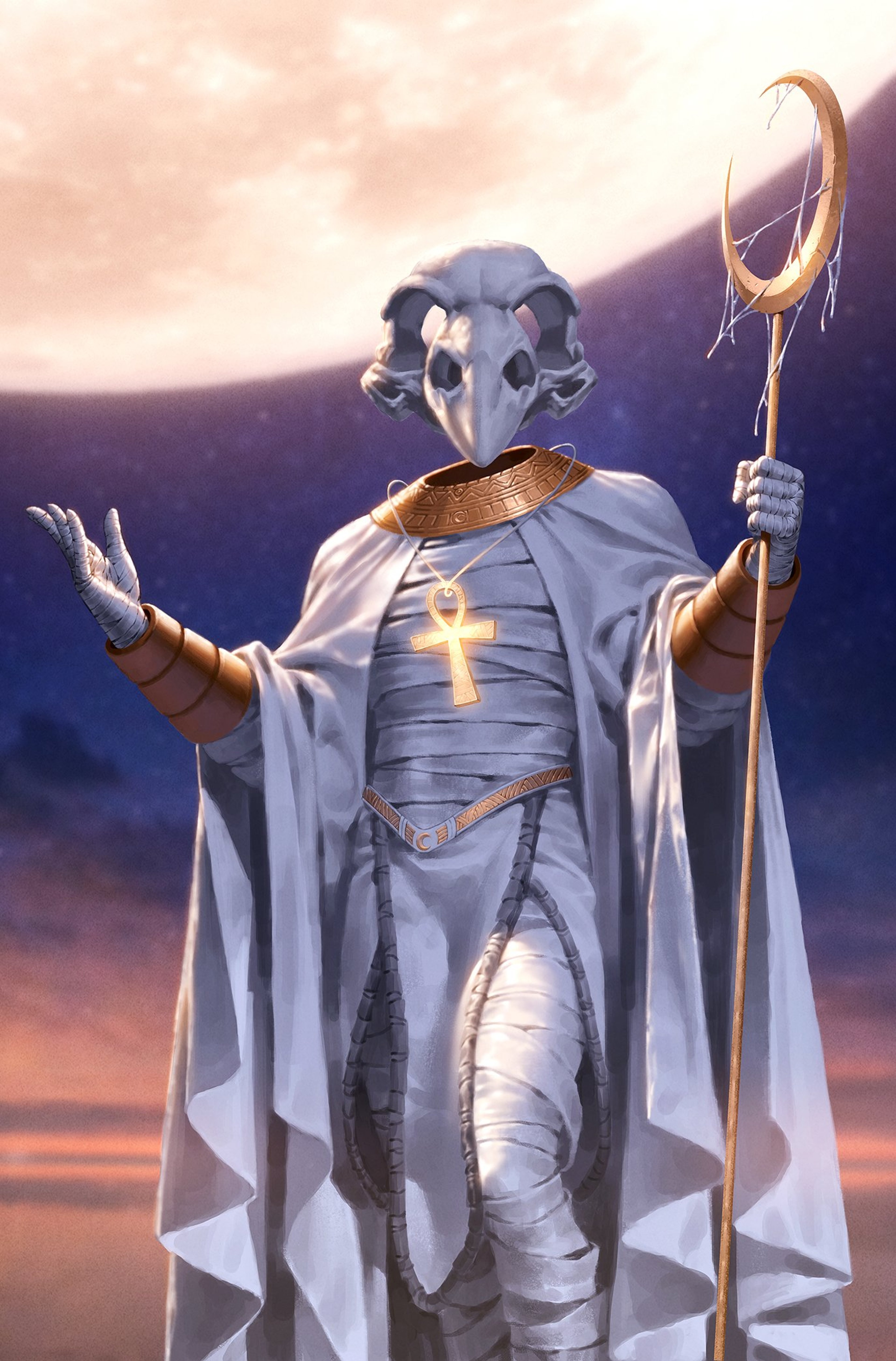 A powerful, mystical figure with a skull-like mask and a flowing white cape, holding a staff or scepter.
