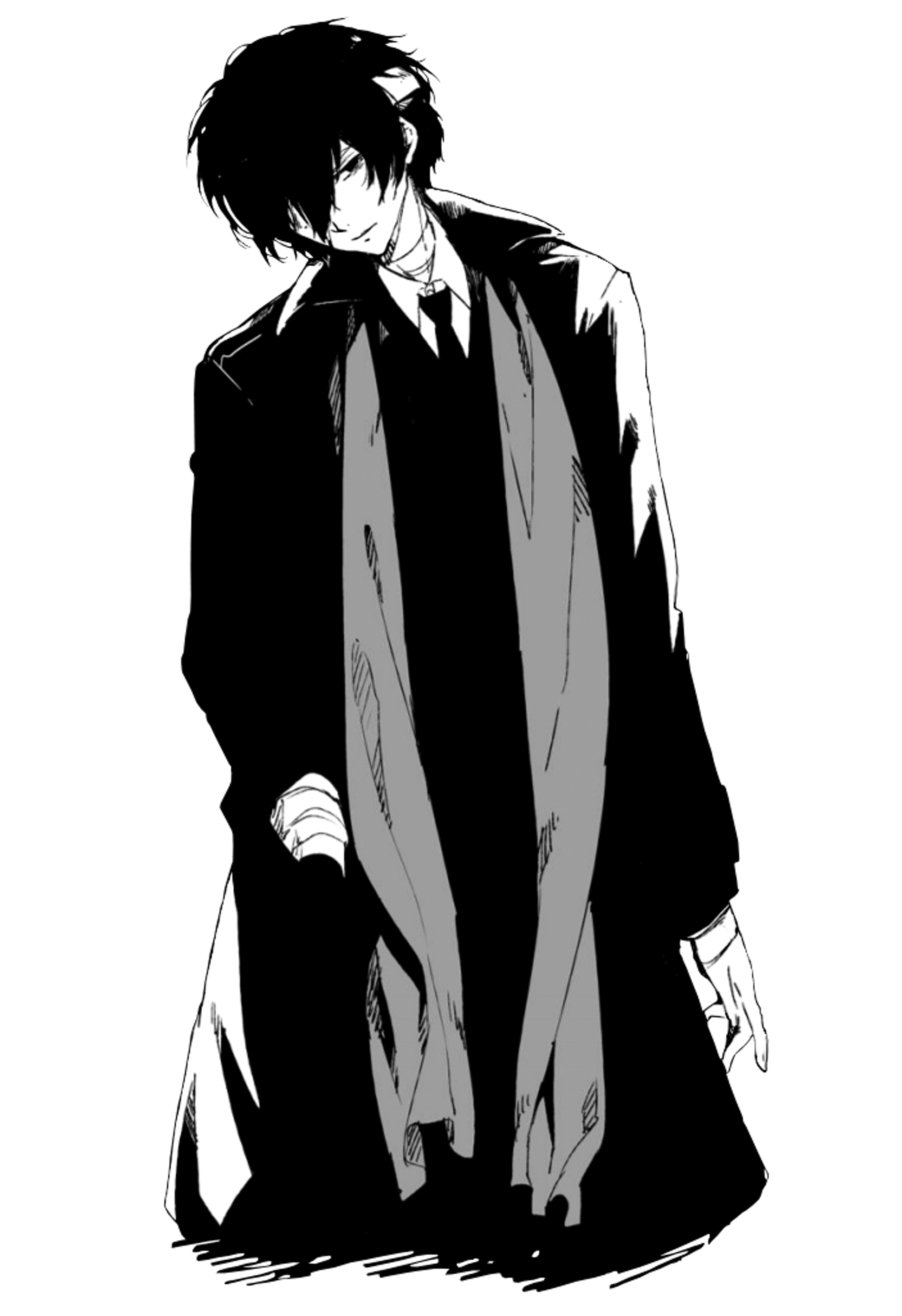 A male character in a long black coat with a serious expression
