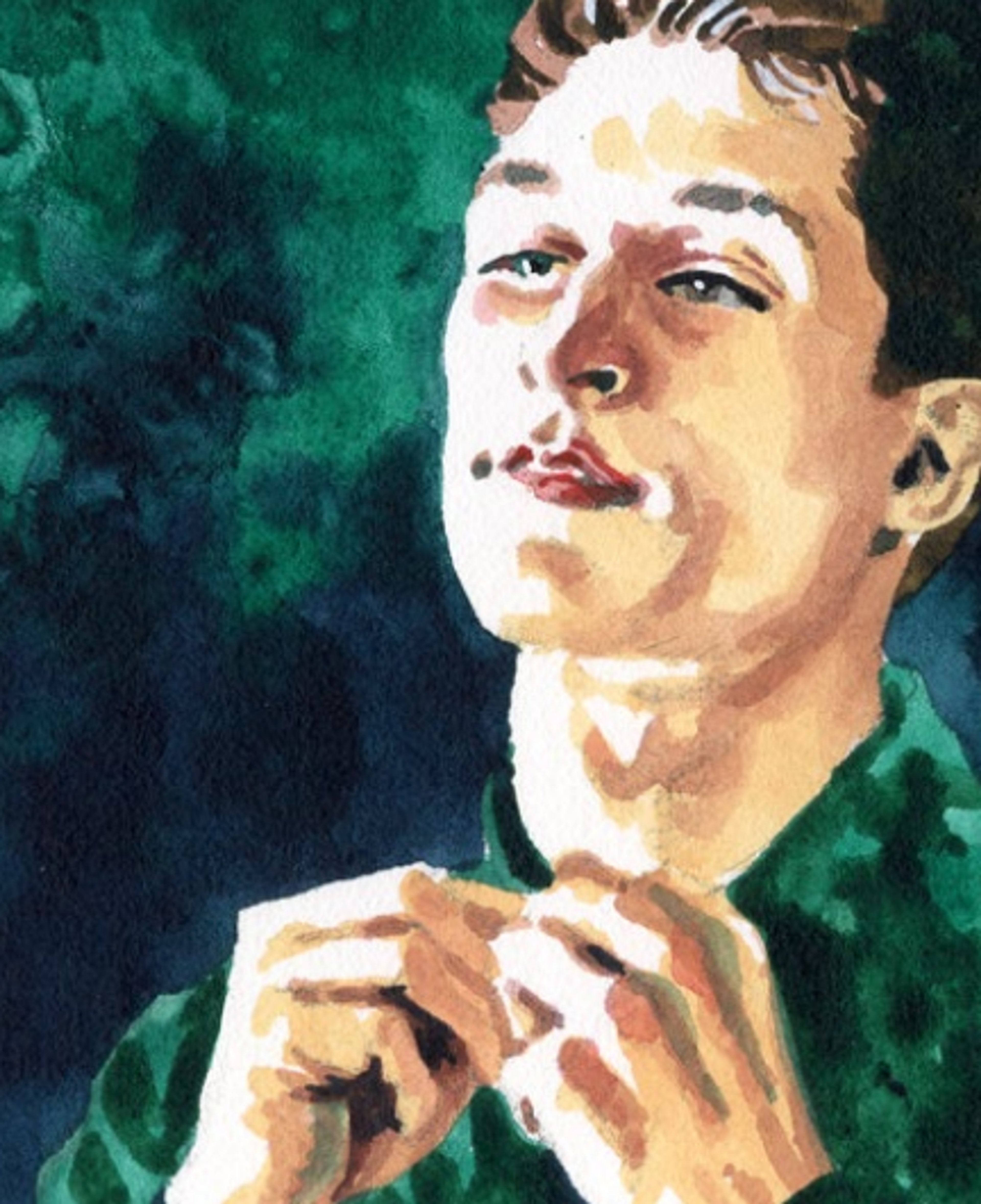 A young man with a serious expression on his face against a green background
