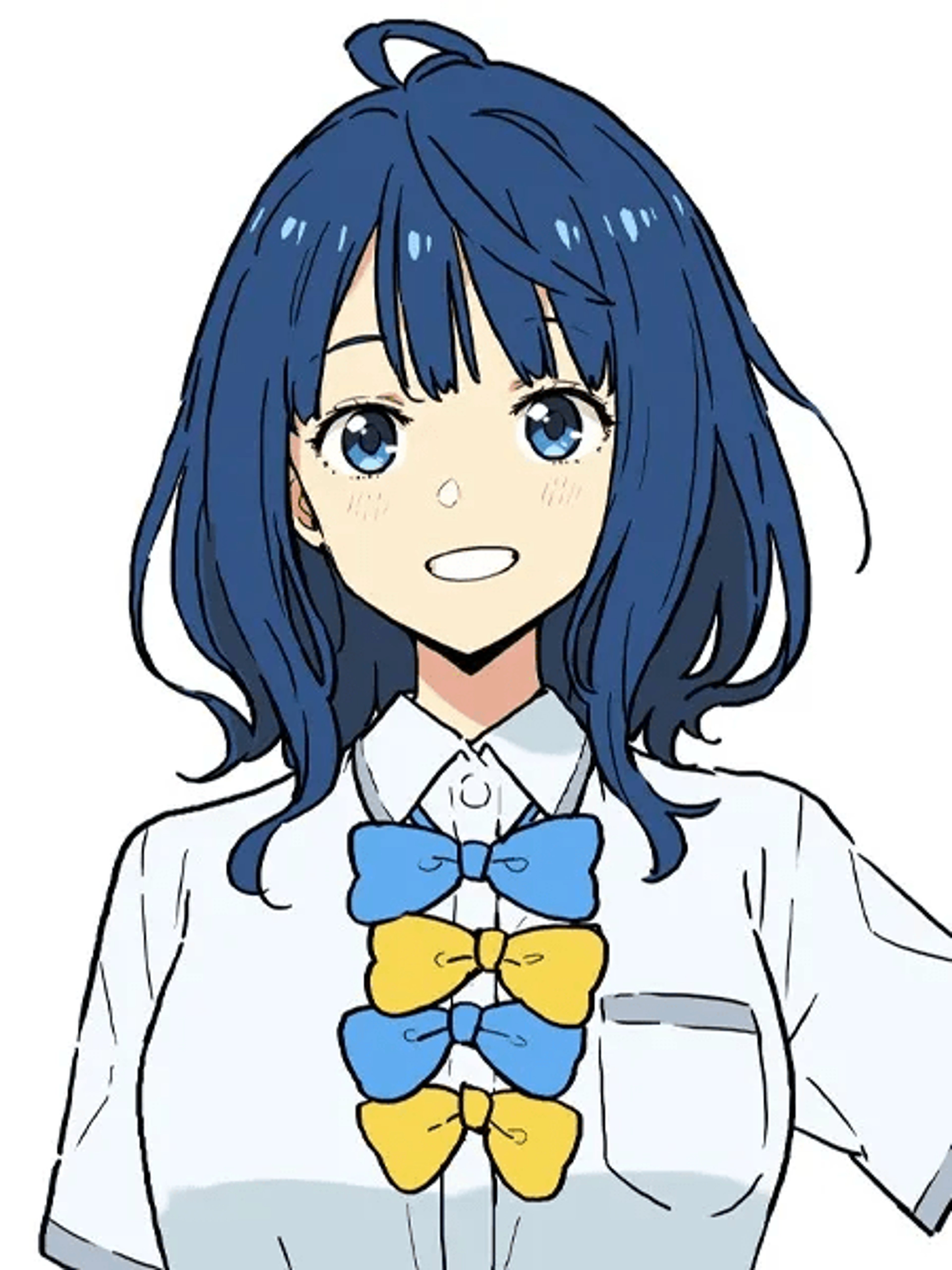 An anime-style girl with blue hair and eyes wearing a school uniform
