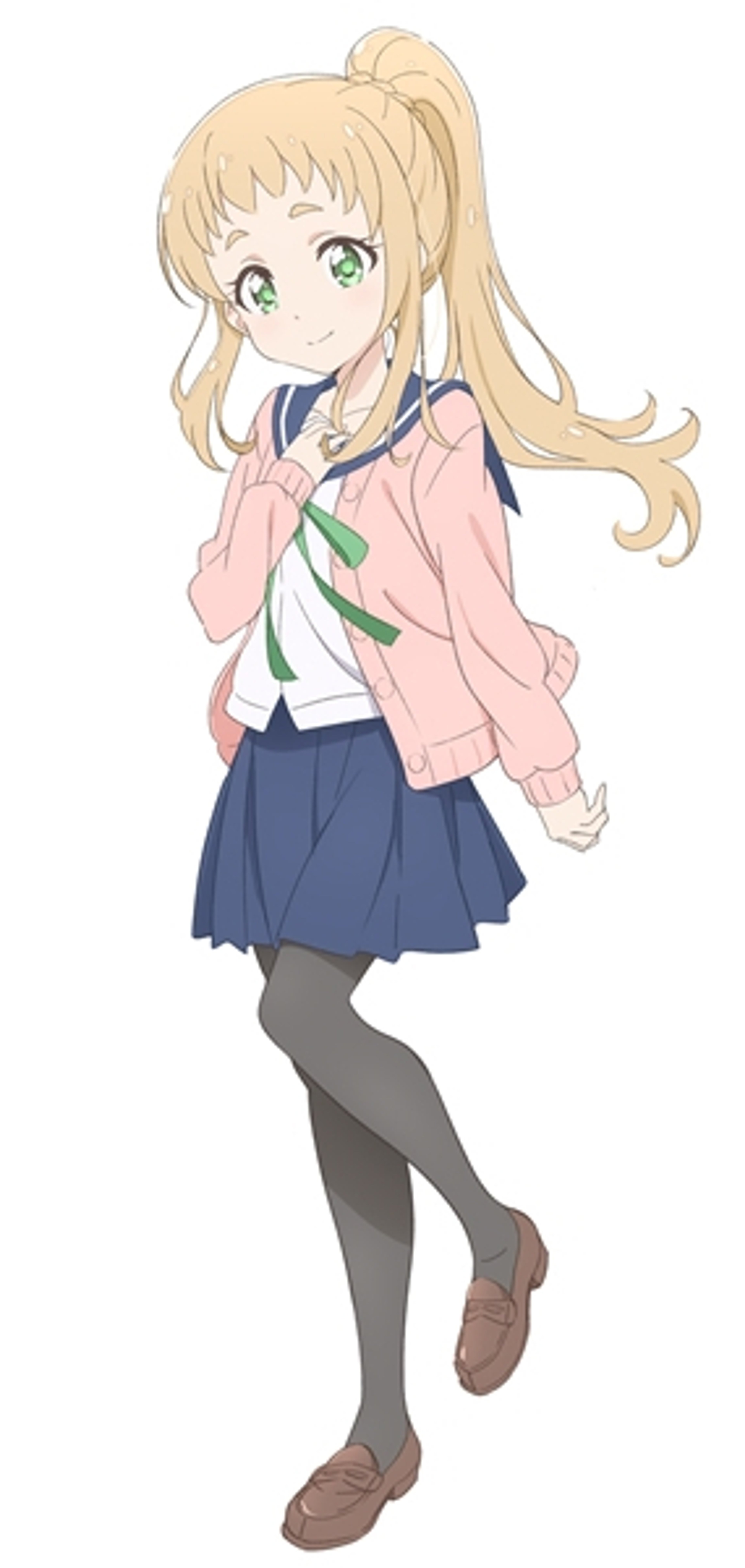 An anime-style character with long blonde hair in twin tails, wearing a pink jacket, white shirt, navy blue skirt, and gray stockings.