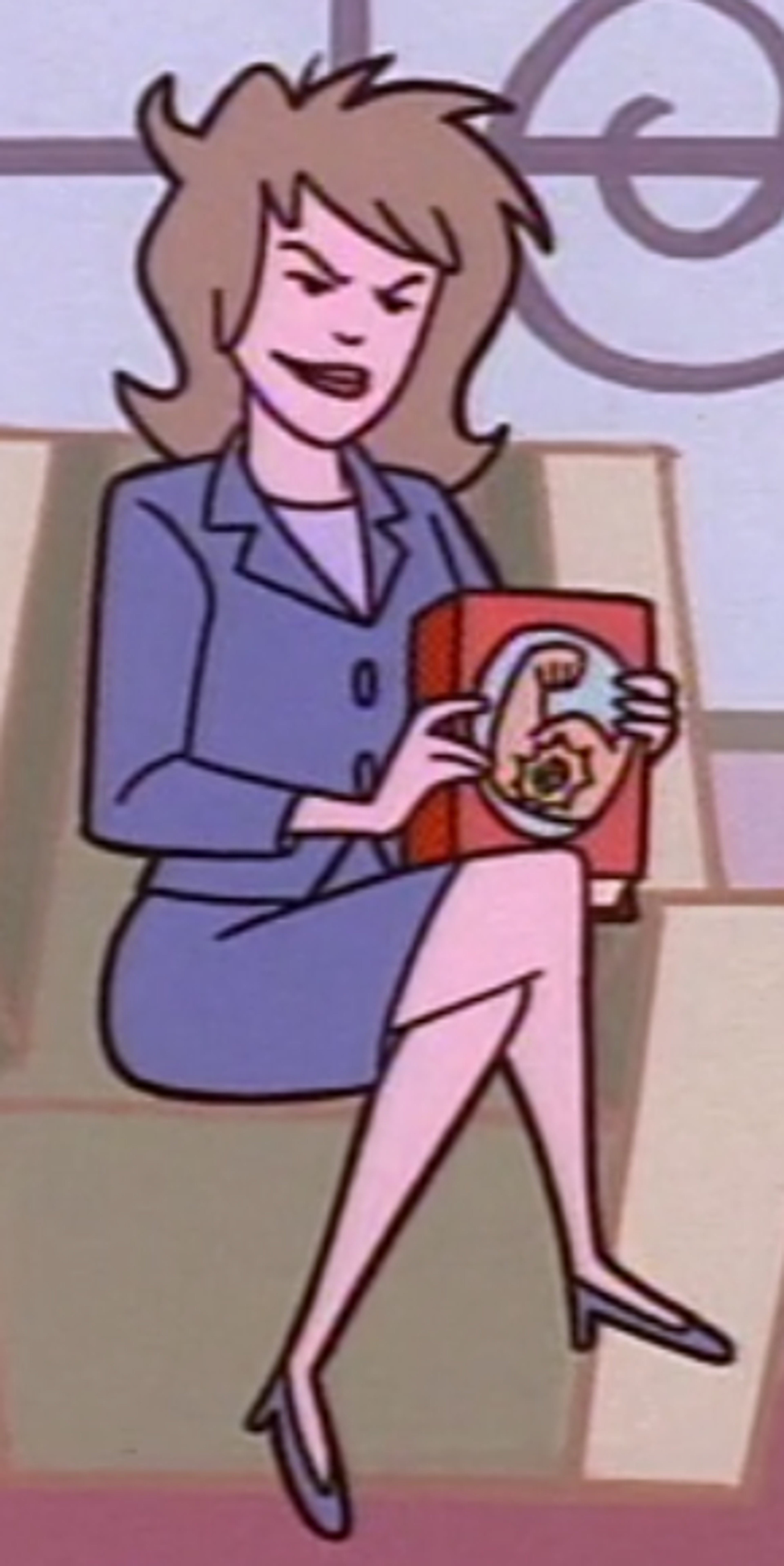 A woman in a blue suit holding a book or device