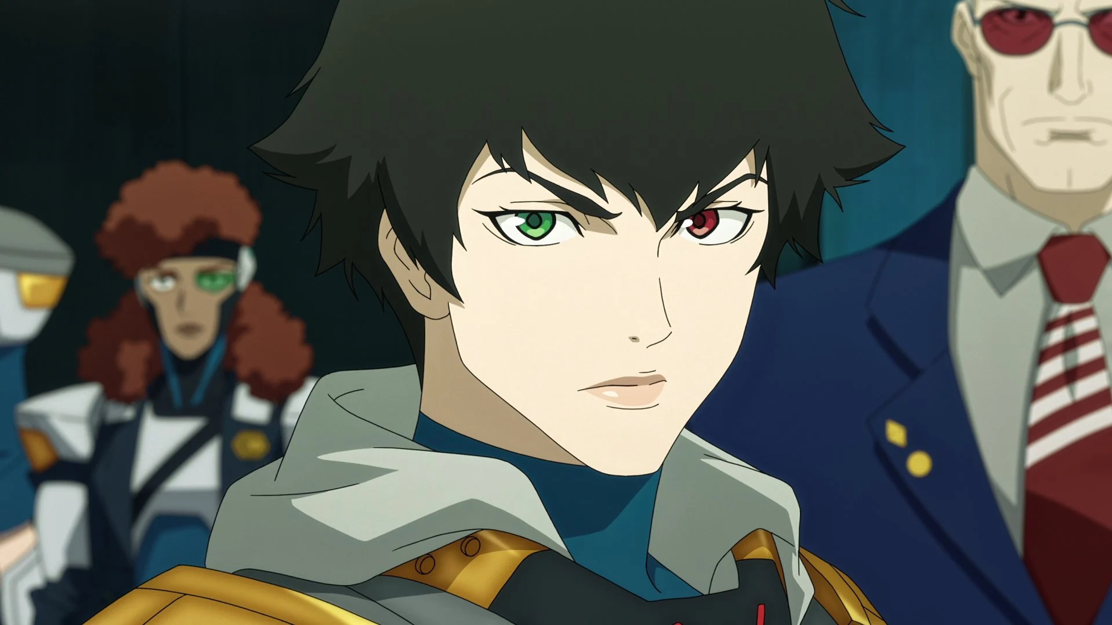 A young woman with short black hair and heterochromatic eyes, wearing a military-style uniform with armor plating.