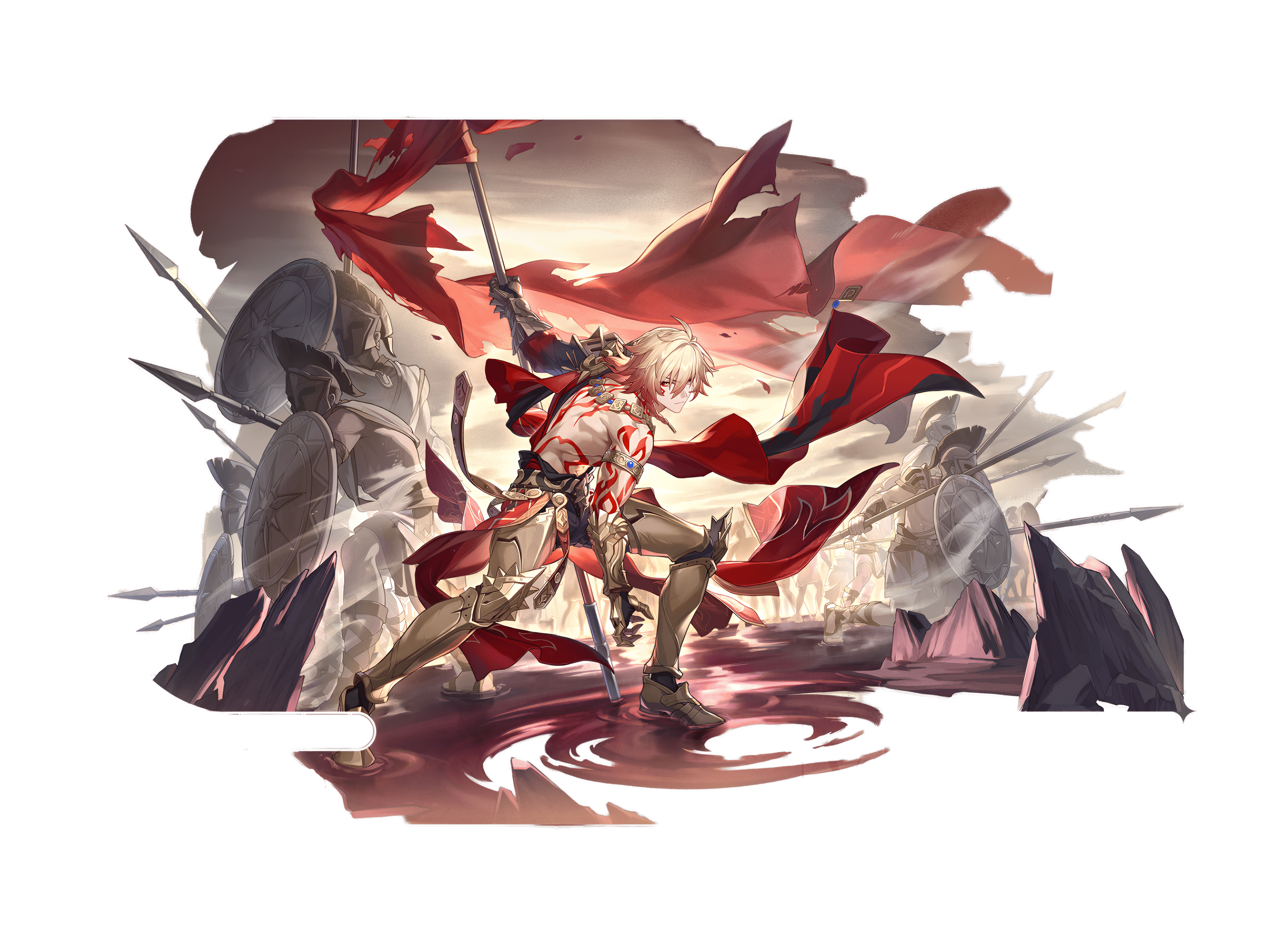 A fantasy warrior prince named Mydei in battle, wielding a sword and wearing ornate armor.