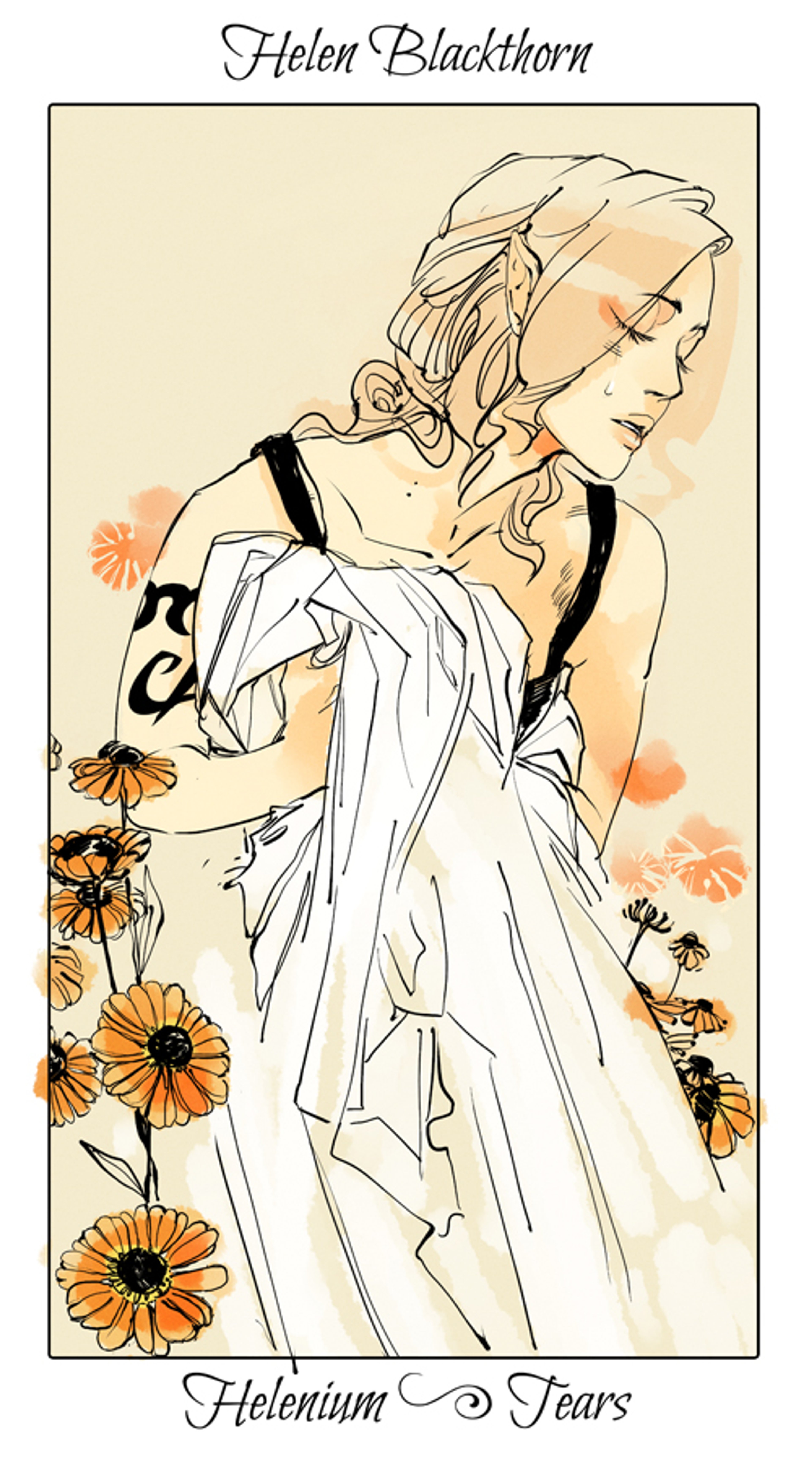 A young woman with blond hair and pointed ears, wearing a white dress with floral accents.