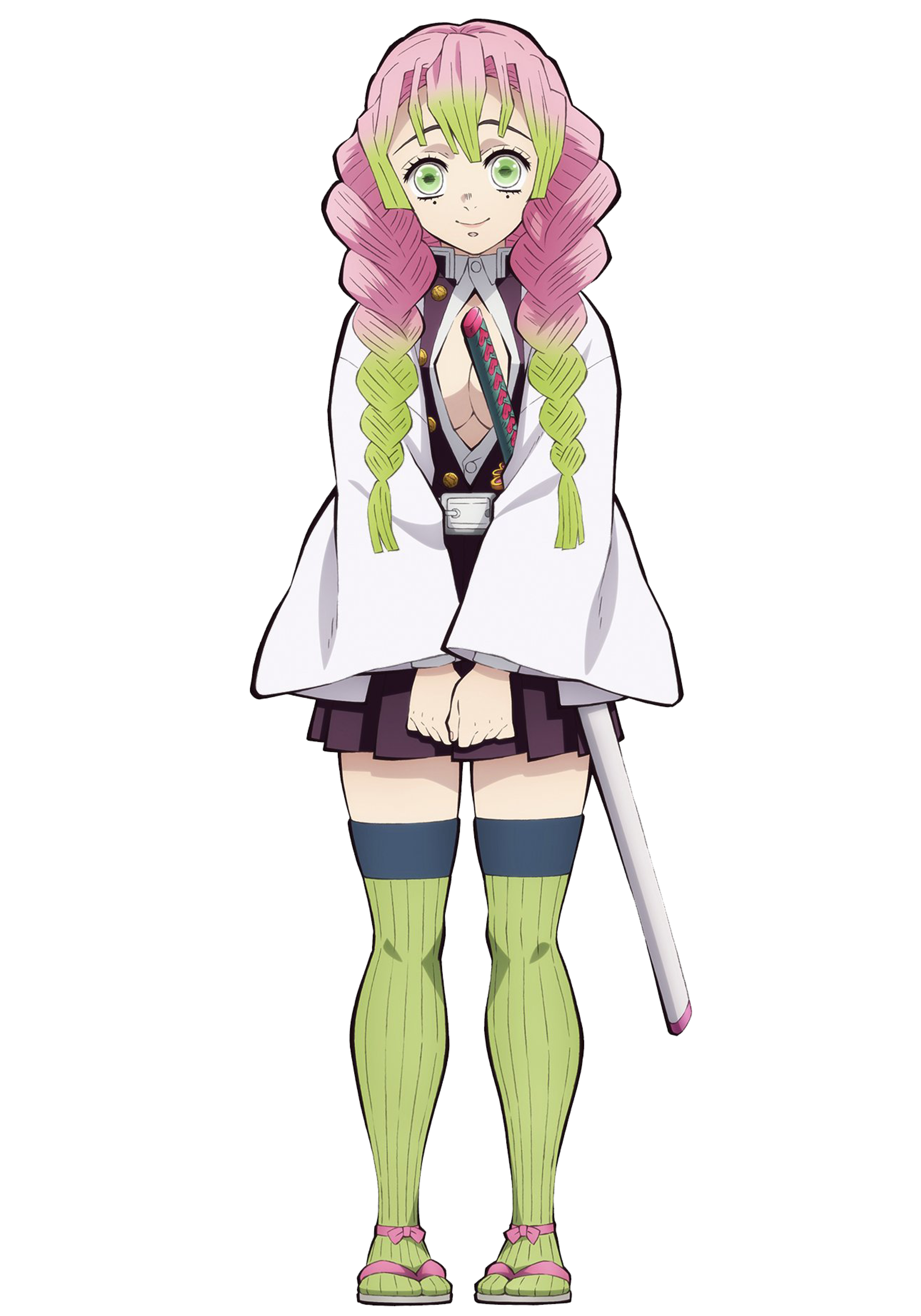 An anime-style character with pink hair and green eyes wearing a white robe-like garment