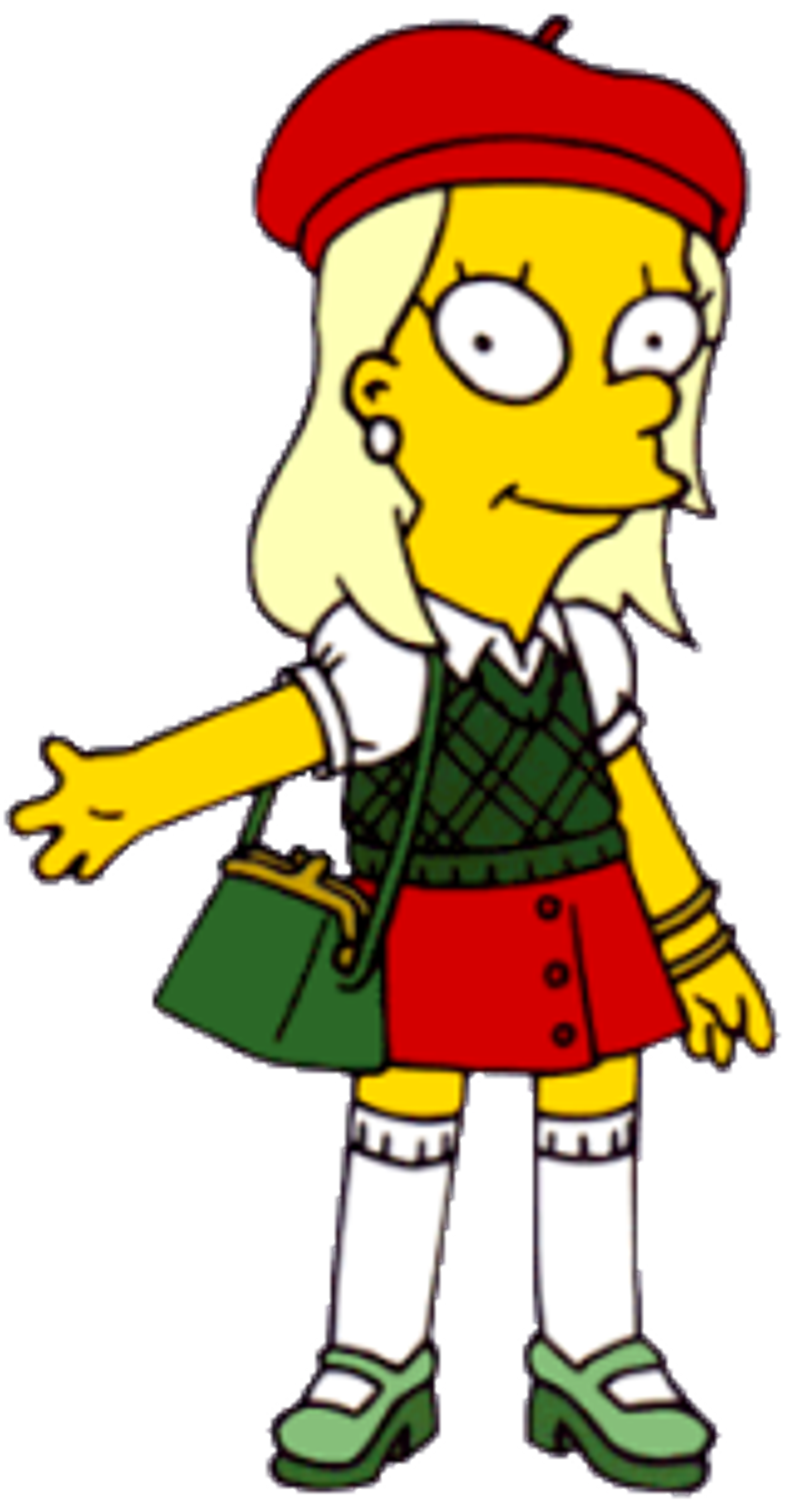 A cartoon character with a yellow face, large eyes, and a red hat, wearing a green shirt and looking confident.