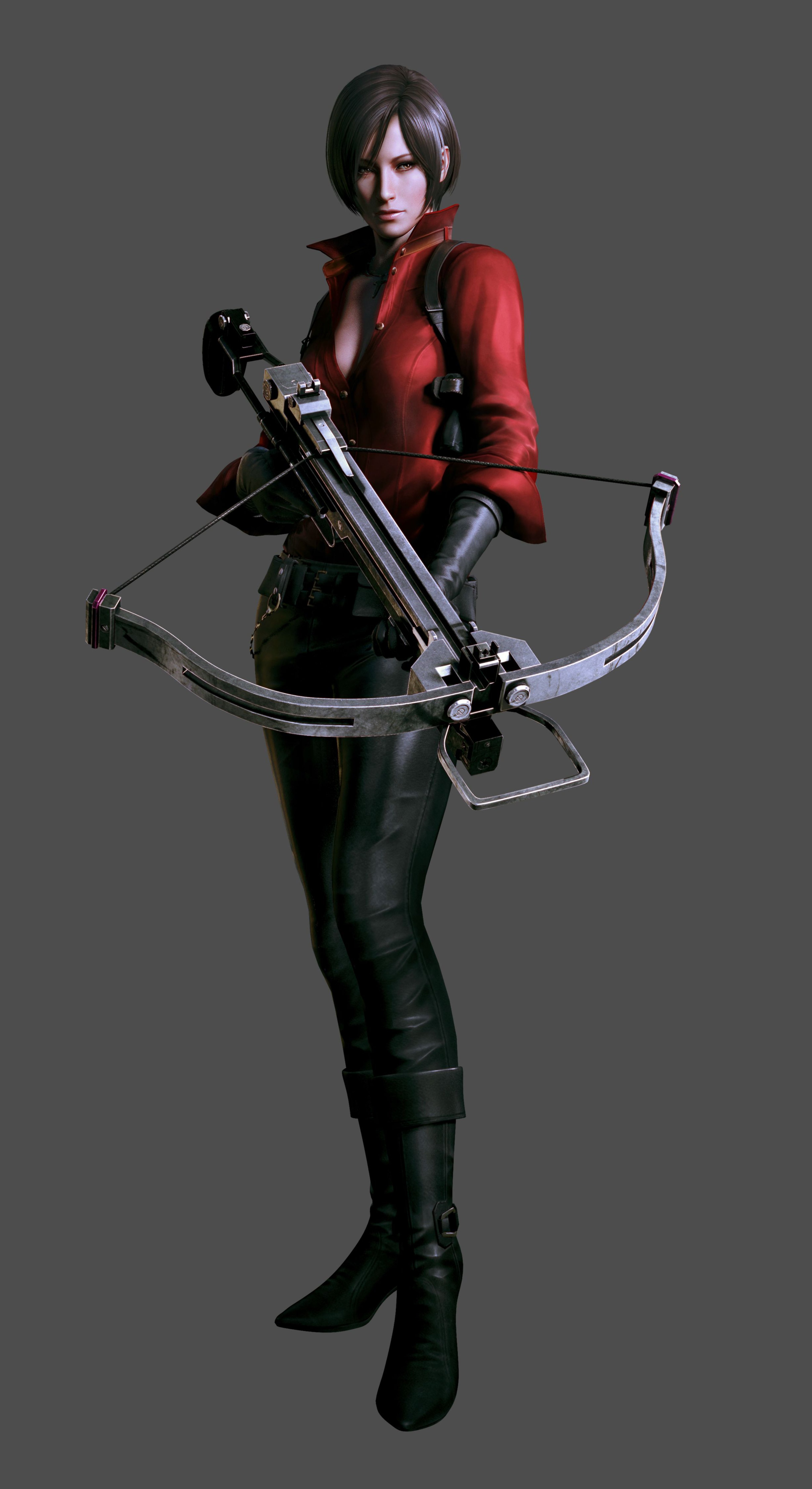 A woman in a red jacket holding a large crossbow-like weapon