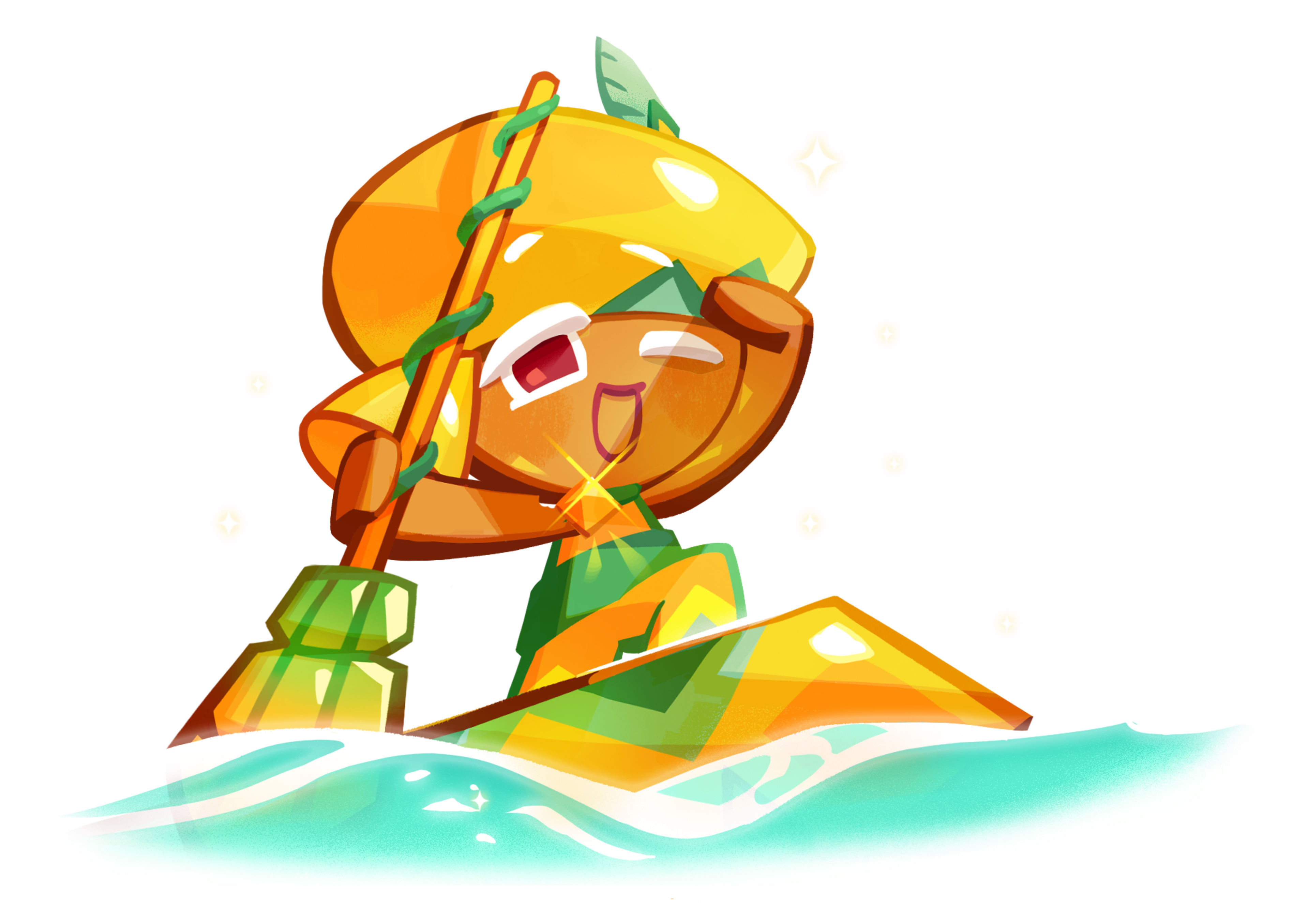 A cheerful, tropical-themed cookie character standing in a canoe