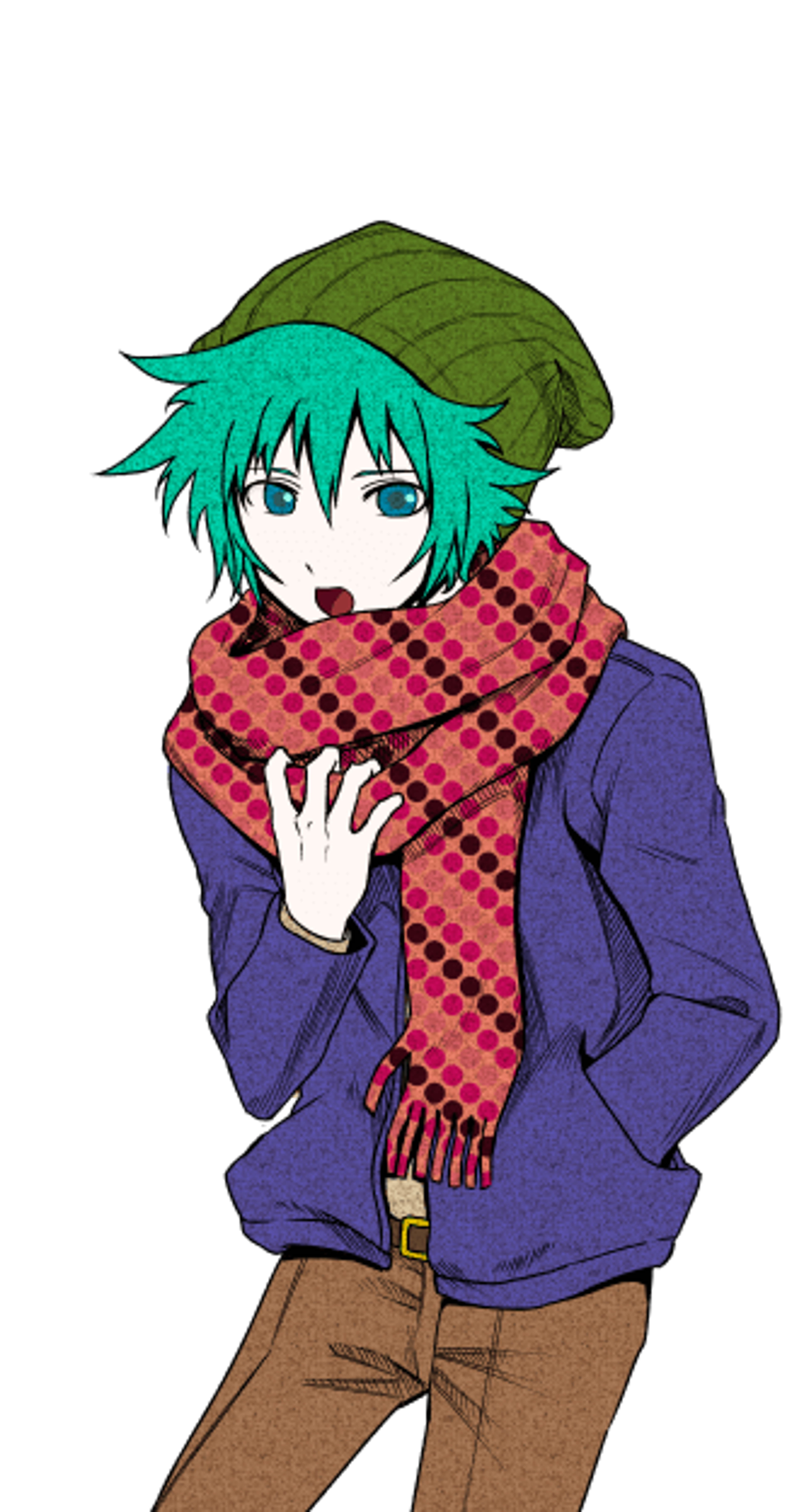 A young man with light teal hair and eyes wearing a green beanie, purple jacket, and a distinctive pink-orange polka-dotted scarf.