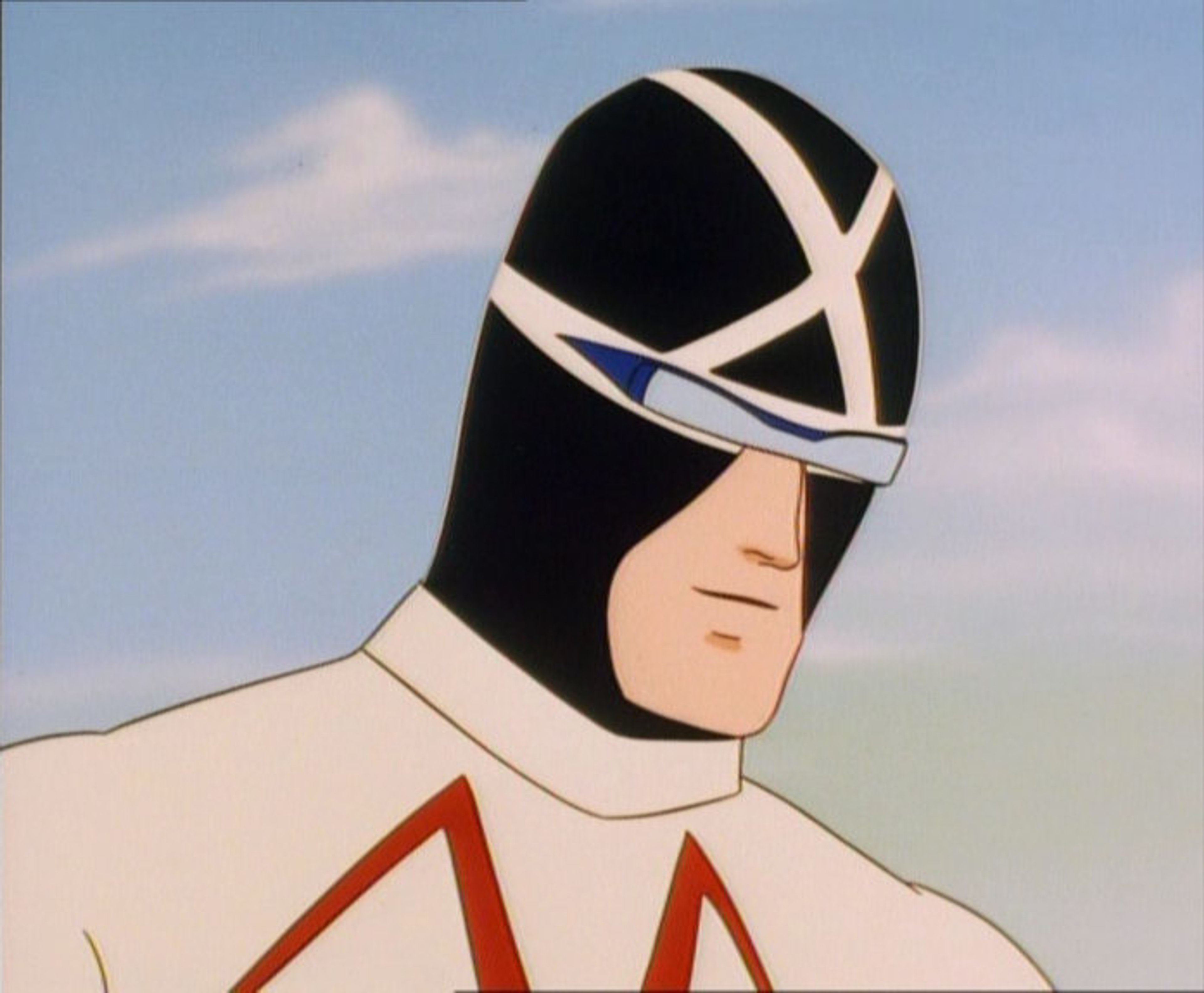 An anime-style character in a racing suit and mask