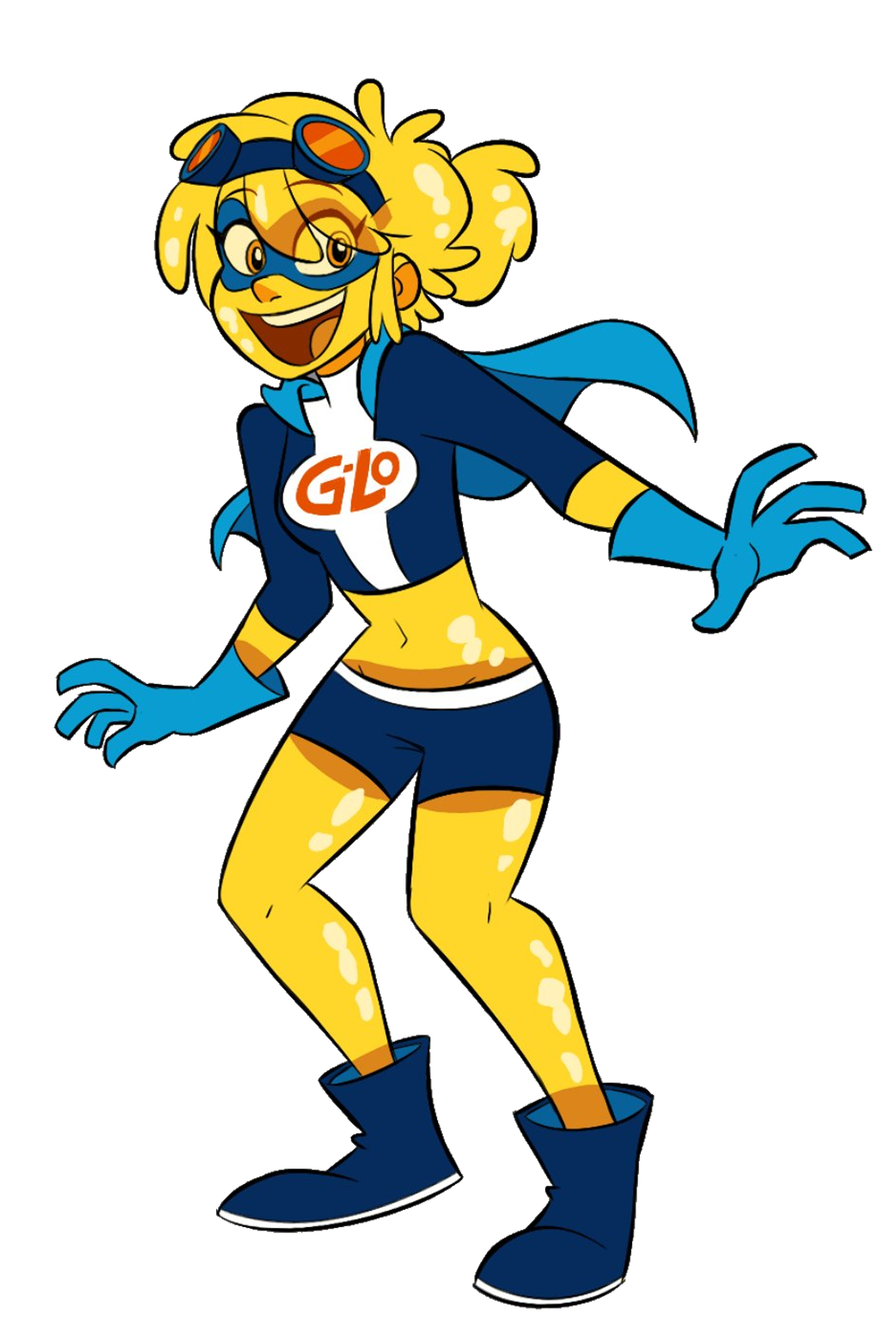 A colorful superhero sidekick character named G-Lo with a gelatinous, shapeshifting body.