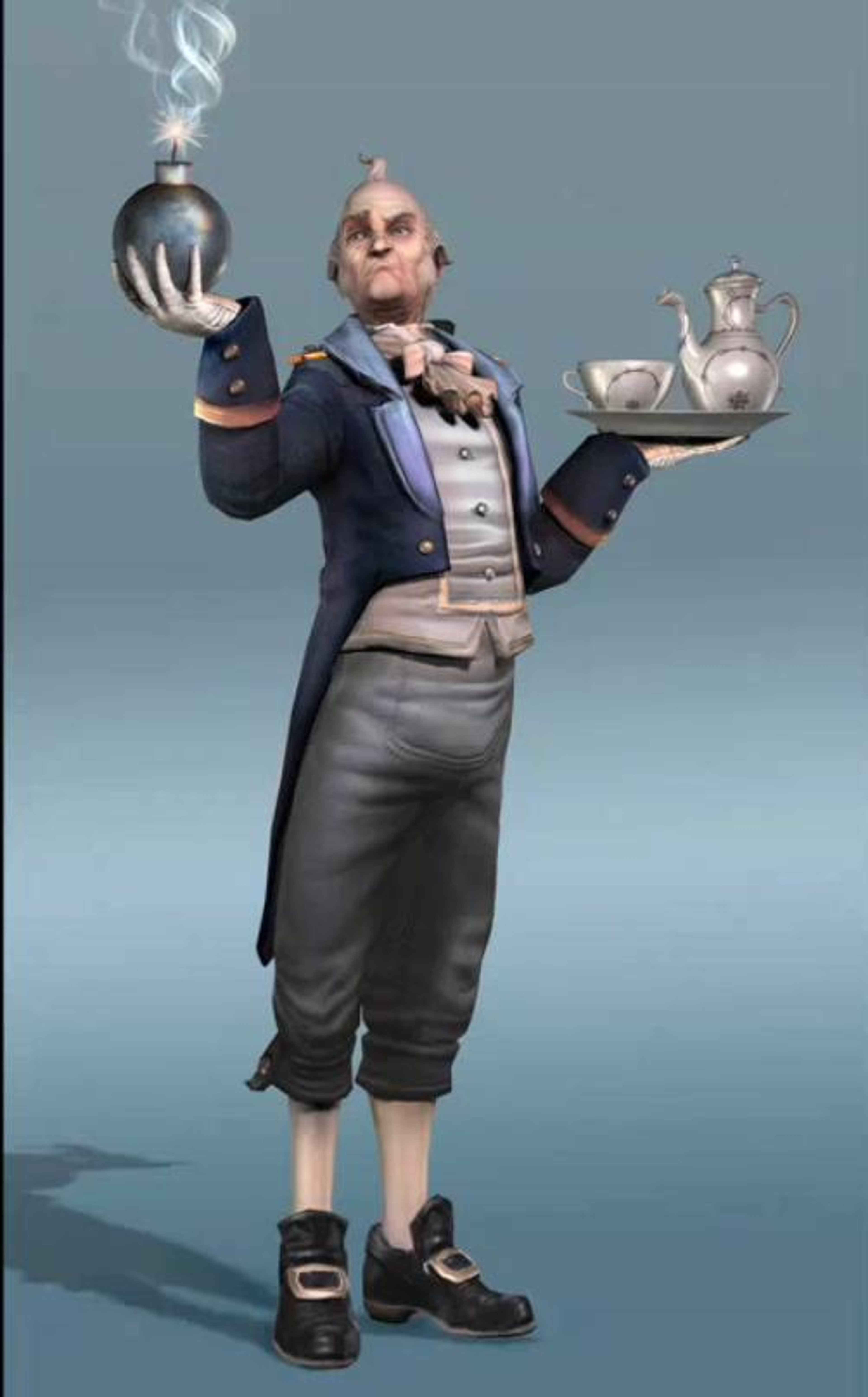 An elderly butler holding a tray of tea cups and a smoking pipe