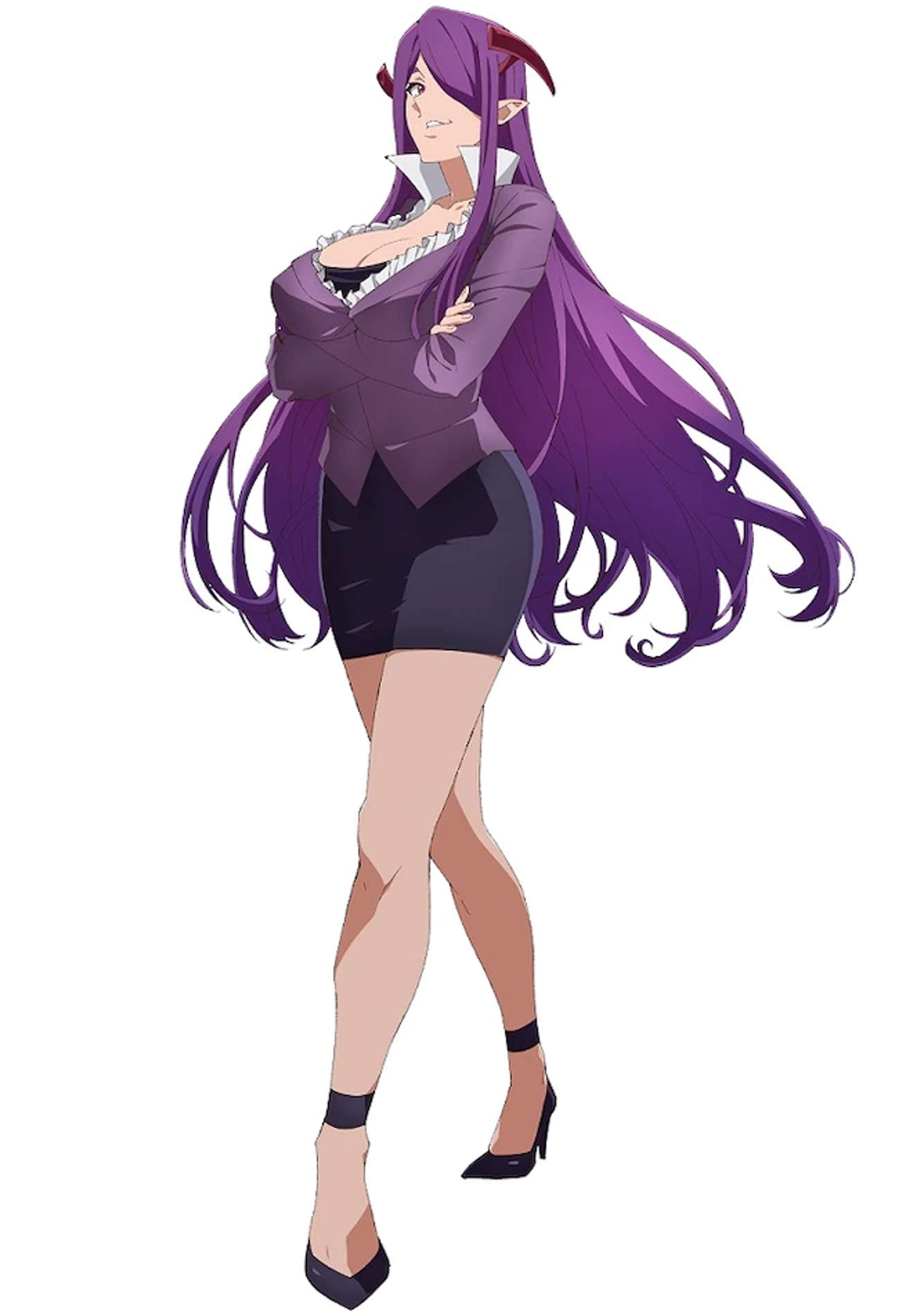 A female character with purple hair, horns, and a business suit