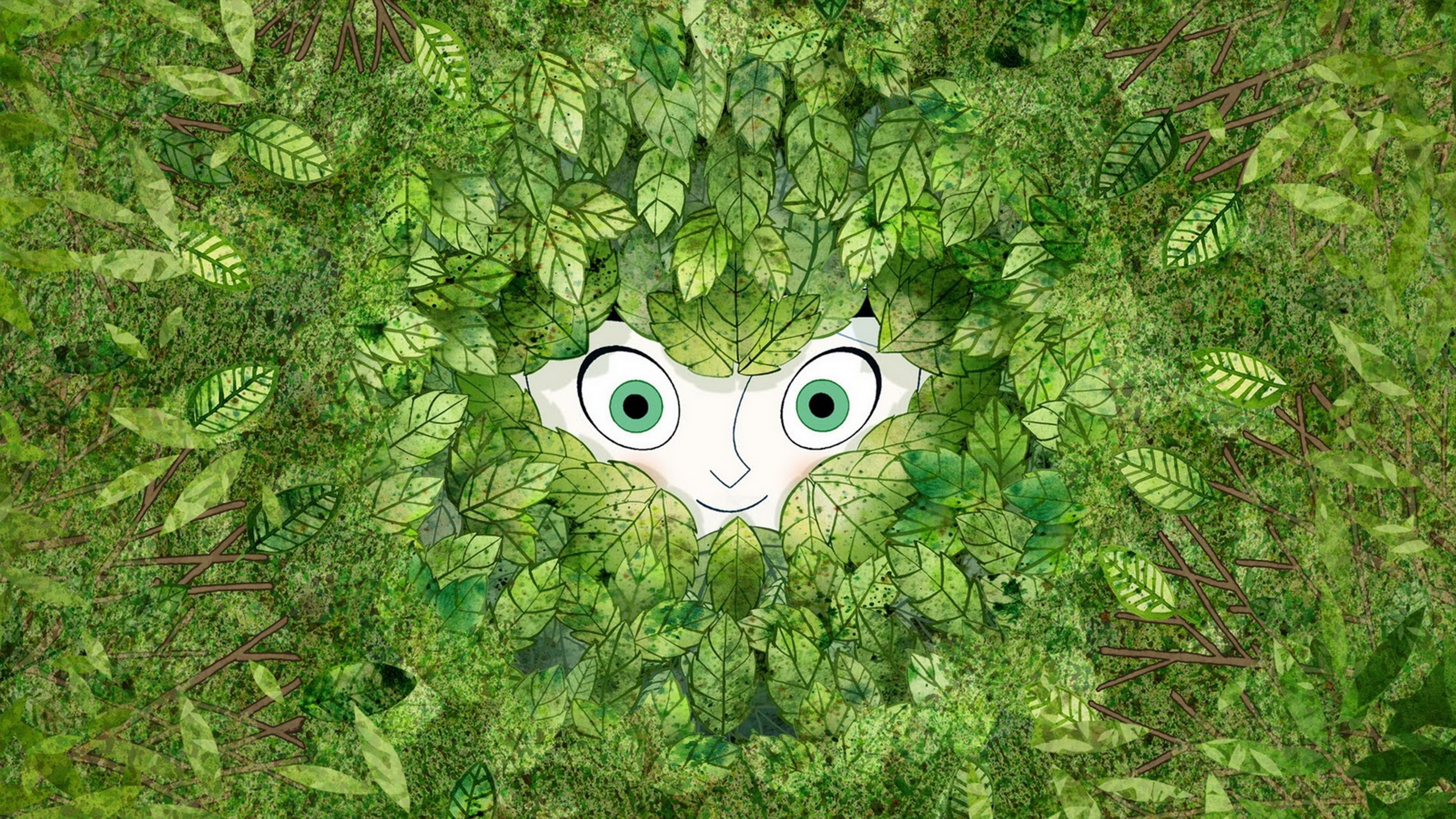 A detailed illustration of a young, fairy-like character with white hair and green eyes, surrounded by a forest.