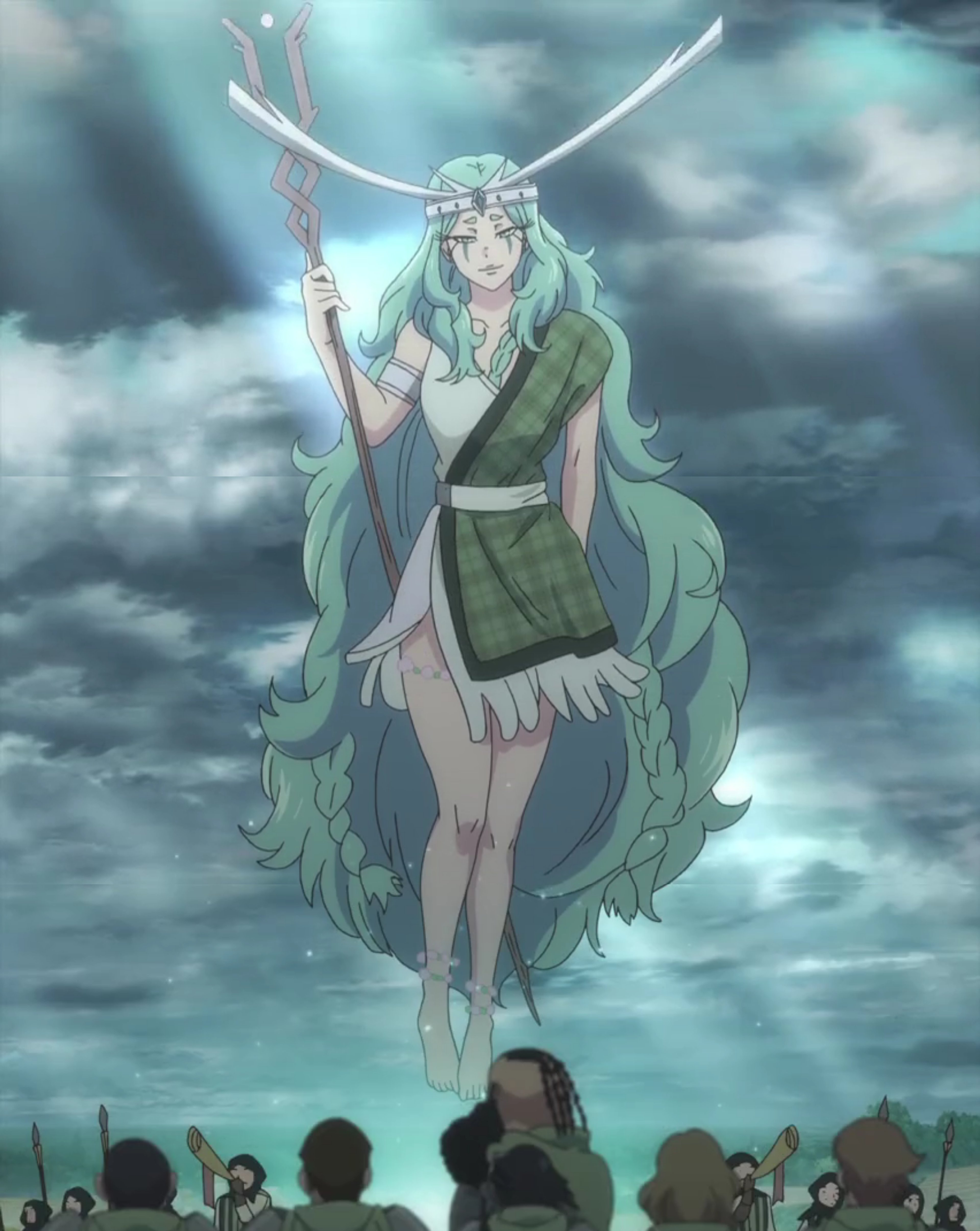 A towering, gigantic female figure with long turquoise blue hair, wearing a green dress and carrying a scepter.
