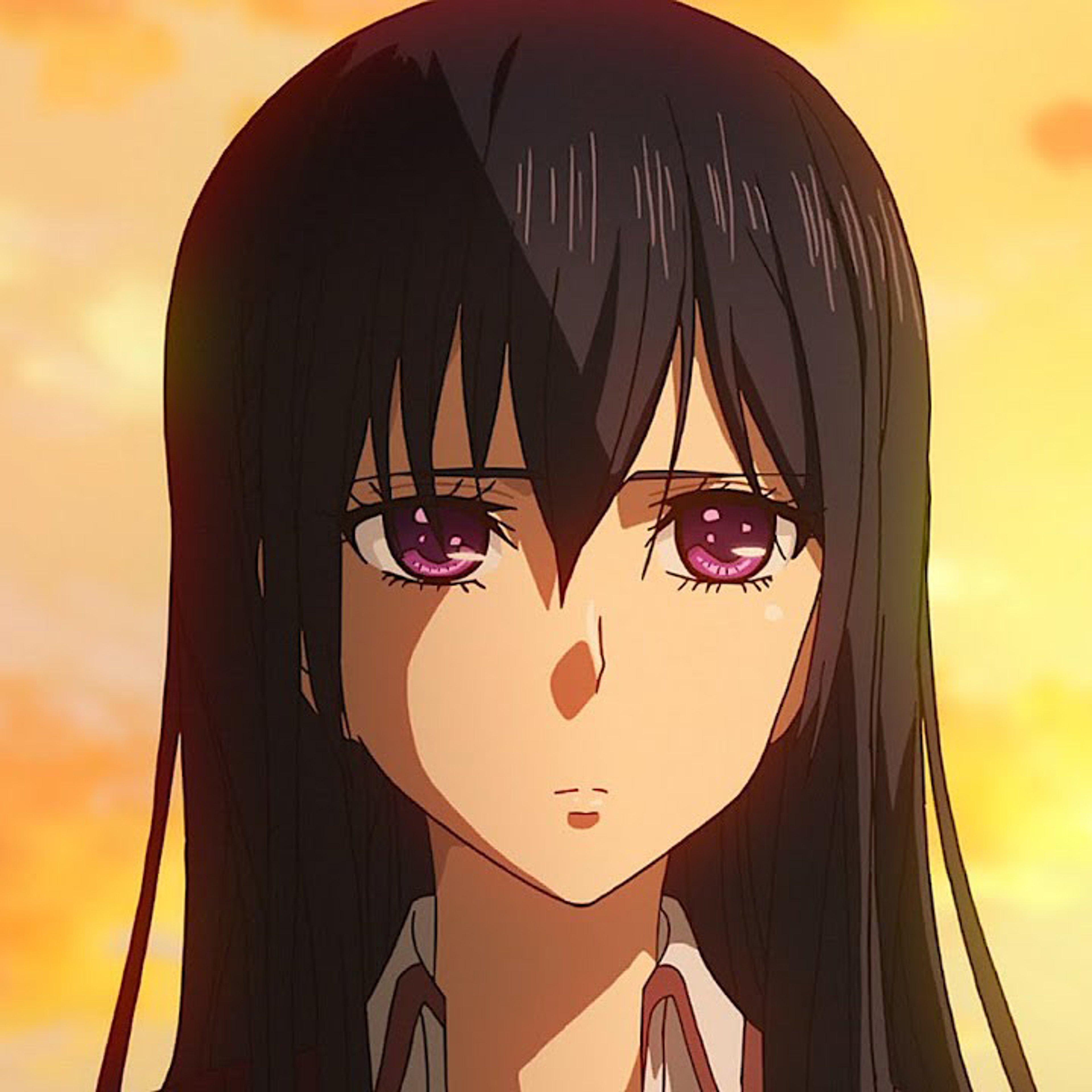 An anime-style character with long dark hair and purple eyes, wearing a school uniform and having a serious expression.