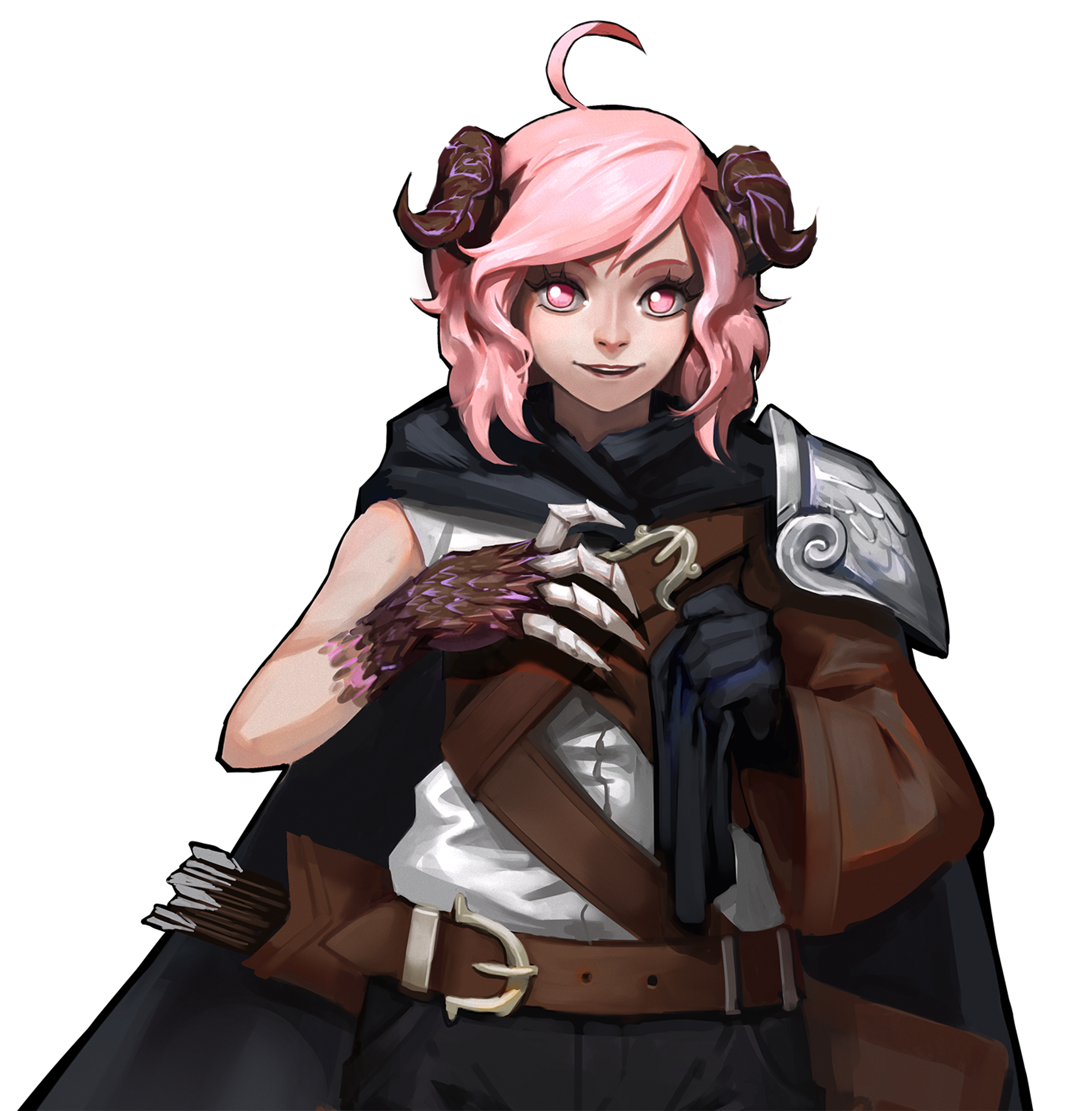 A young woman with pink hair and eyes in a fighting stance
