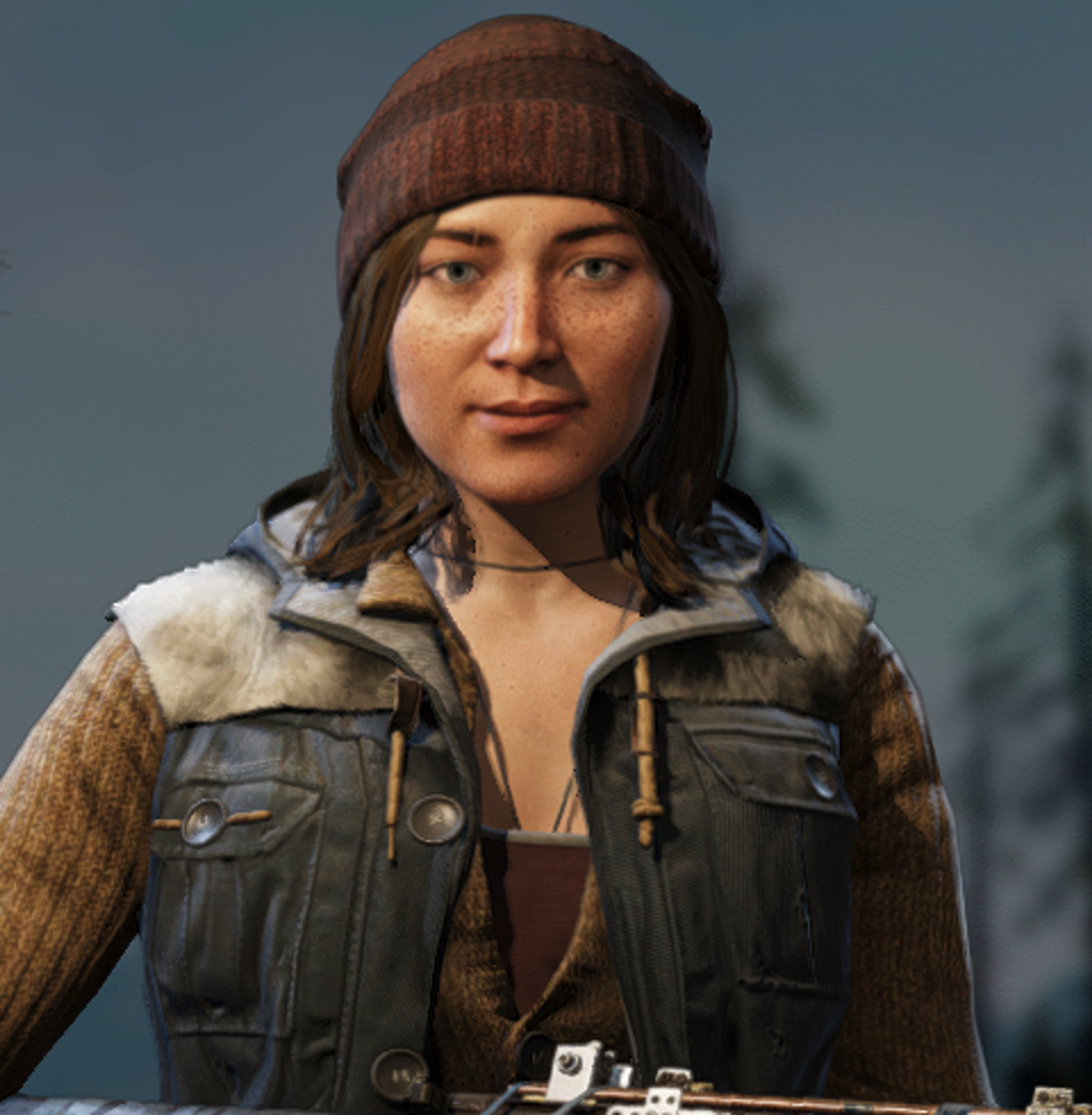 A young woman with dark hair wearing a beige jacket and brown hat in a post-apocalyptic setting.
