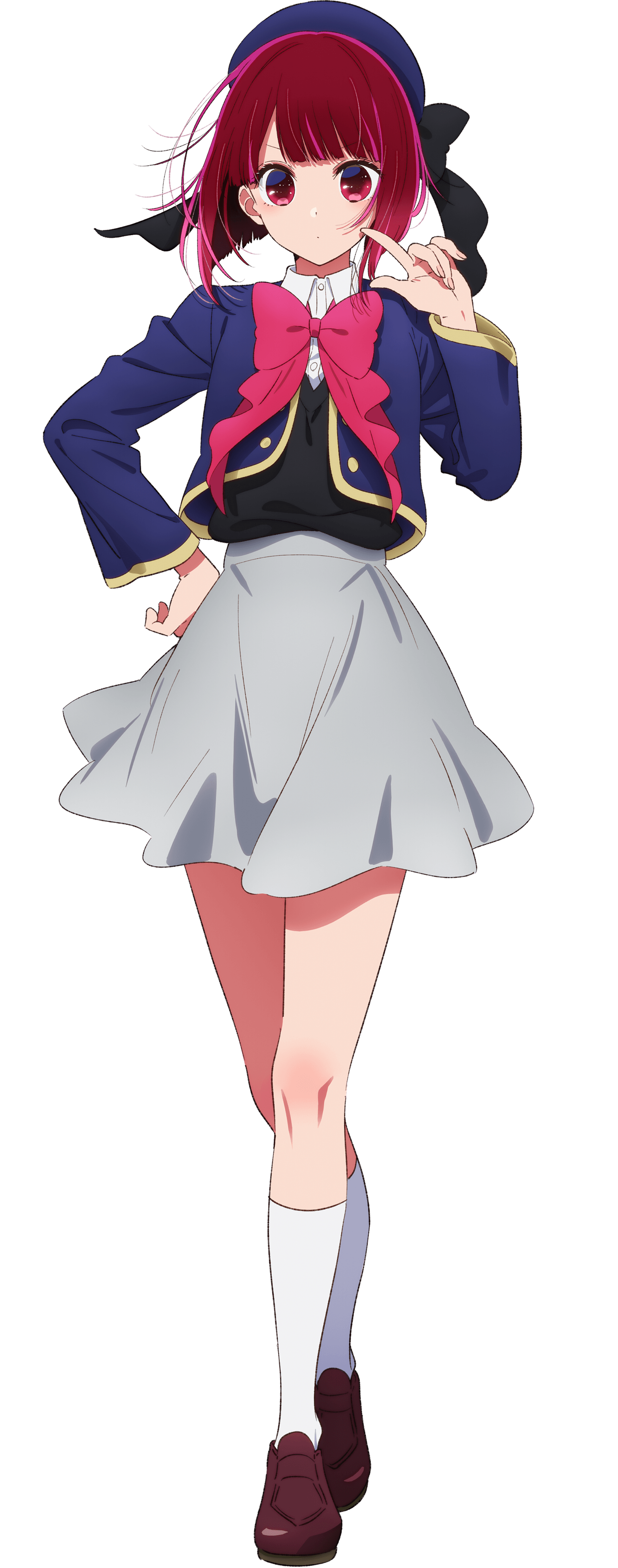 An anime-style character with red hair and a blue uniform, standing in a confident pose.