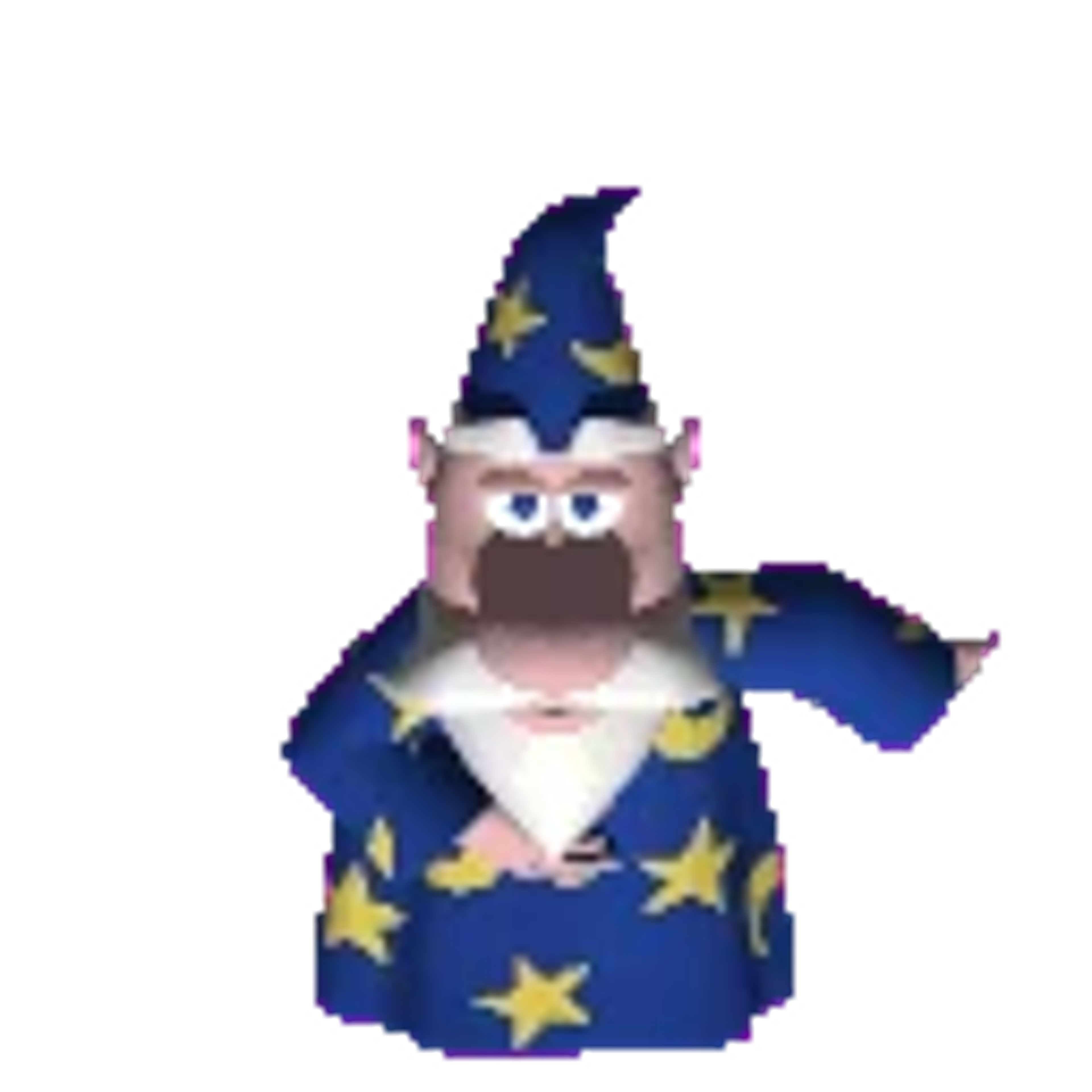 An animated digital character resembling the wizard Merlin from Arthurian legend, with a long white beard, pointed blue hat, and blue robe with yellow stars.