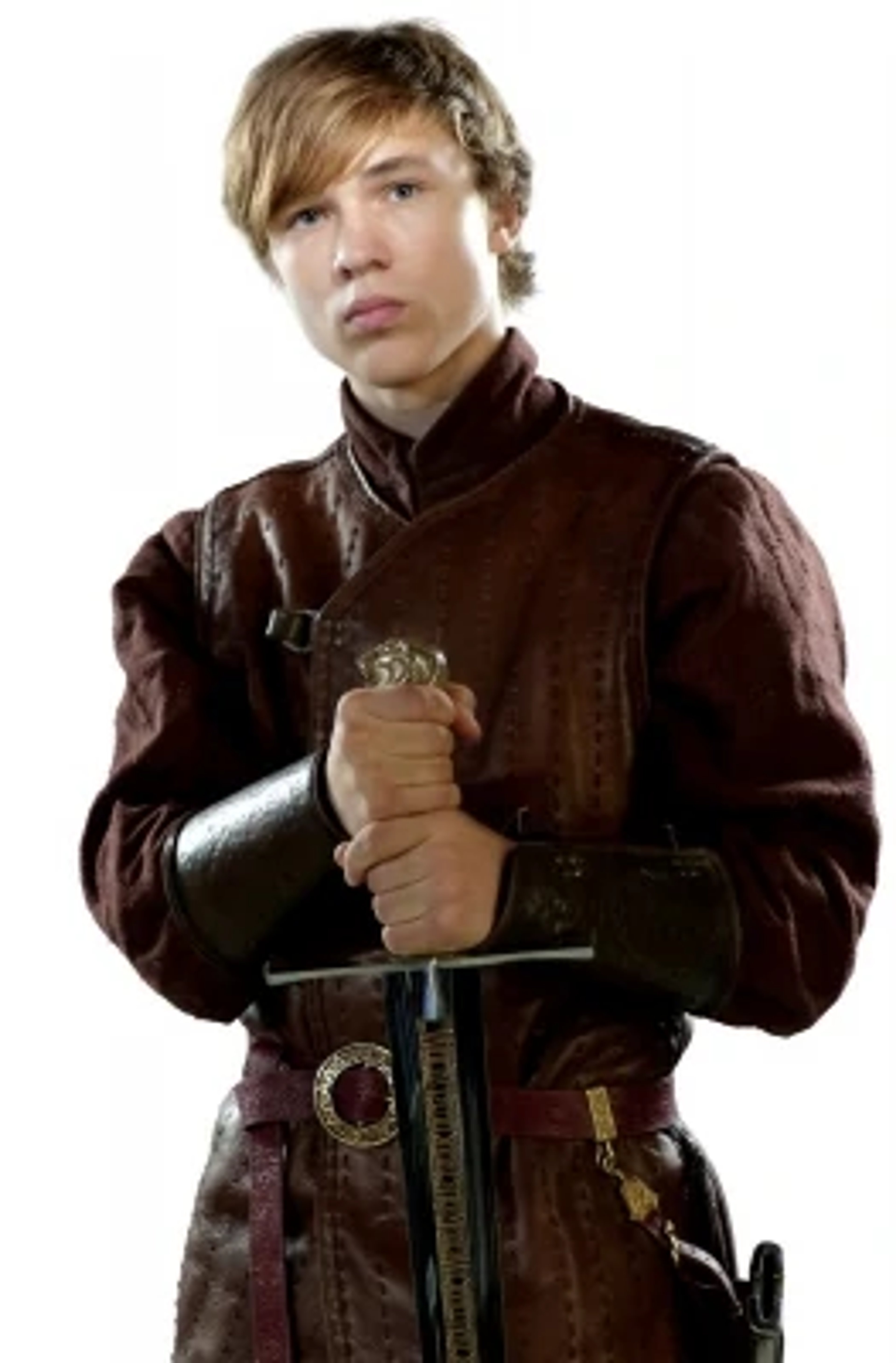 A young man in a burgundy tunic holding a sword