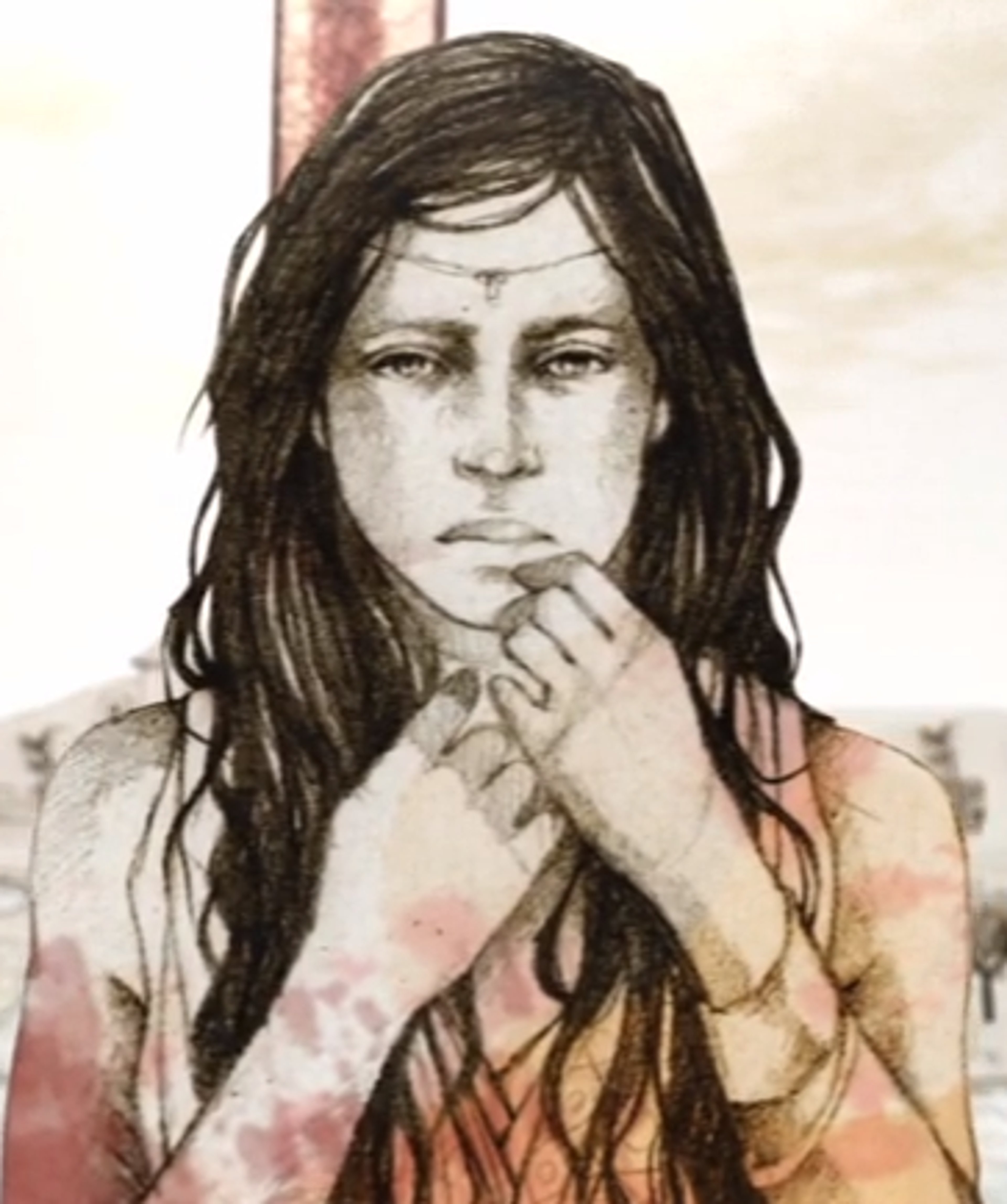 A woman with long, dark hair and olive skin wearing a colorful dress