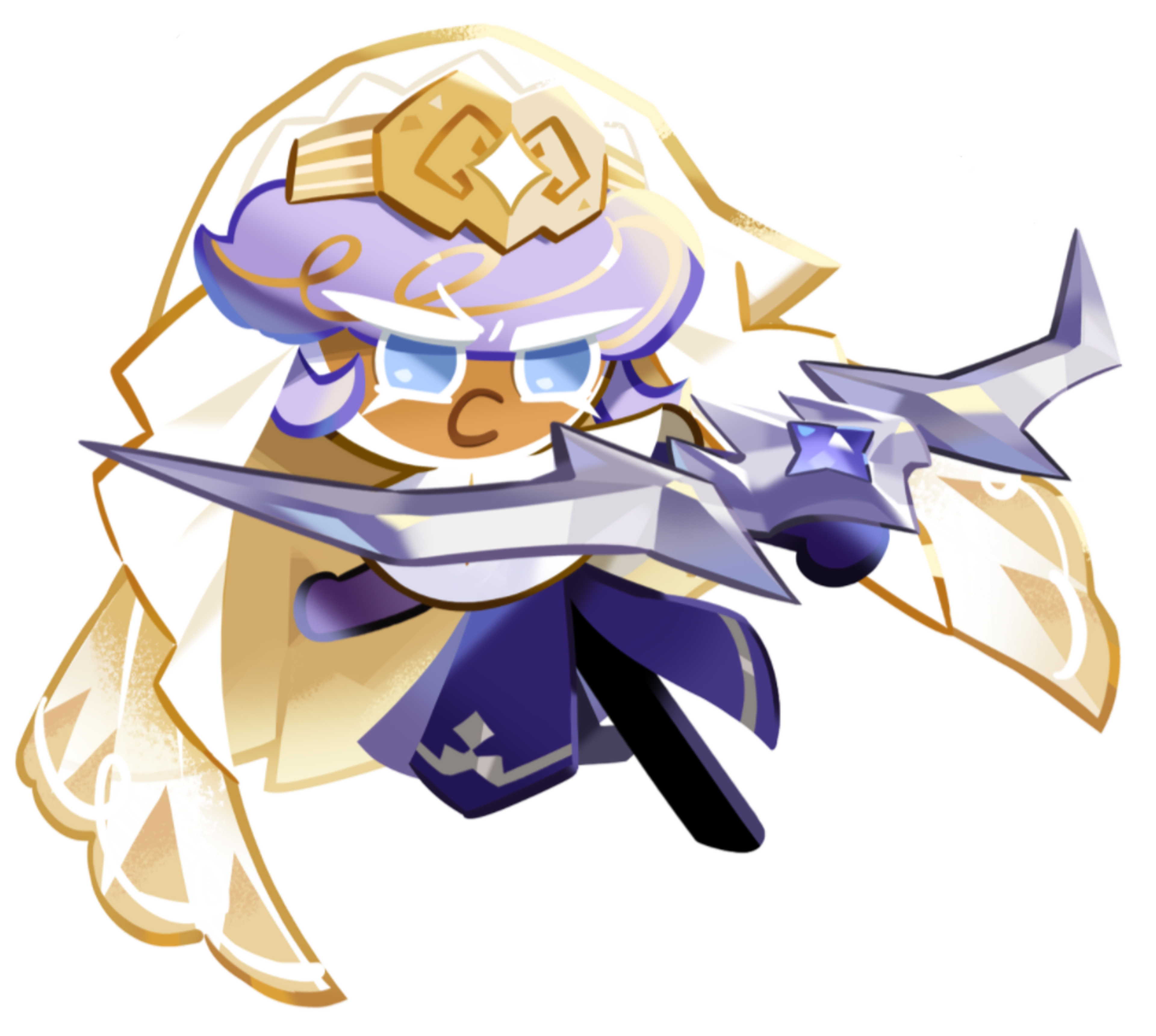 A detailed illustration of a cookie-themed nun character wielding a large fork-shaped crossbow weapon.