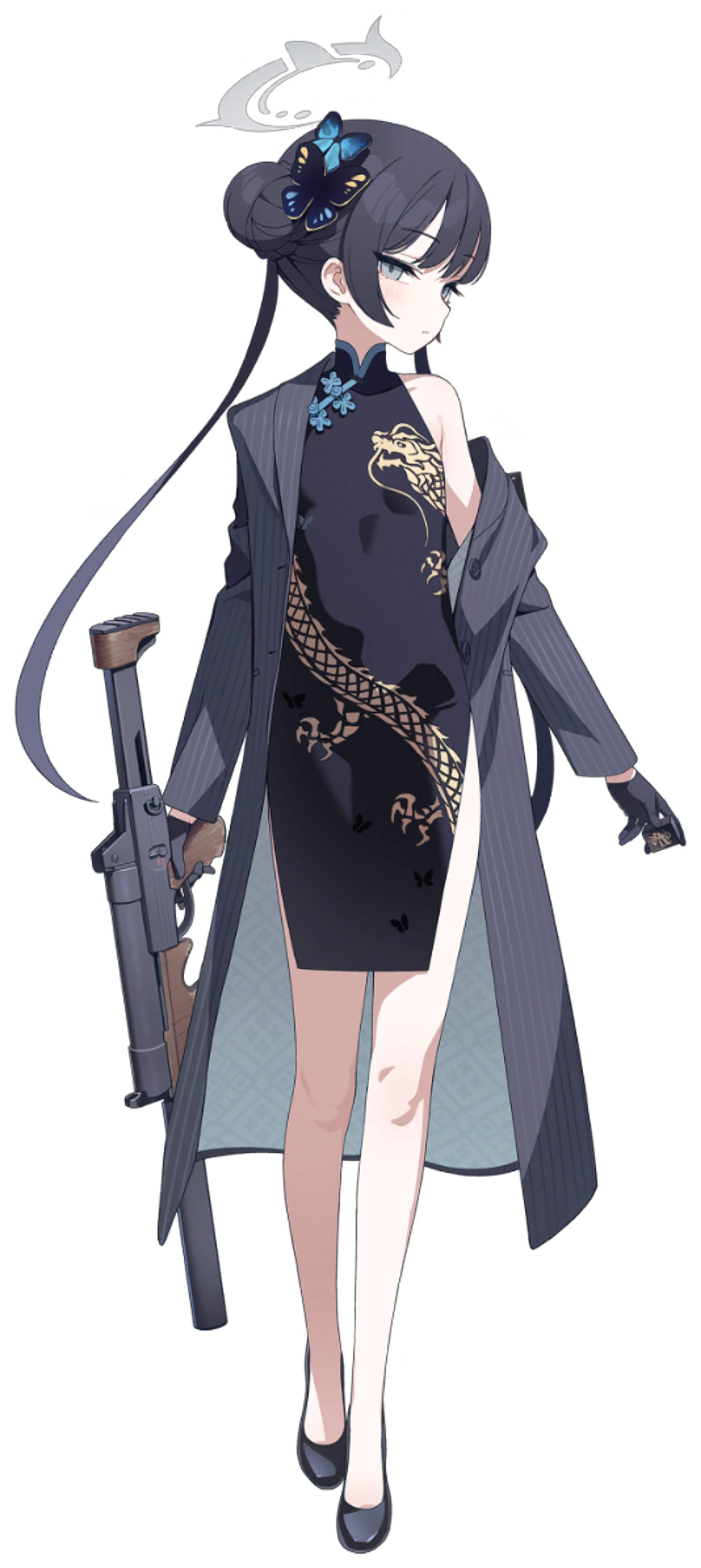 A young woman in a long black coat holding a weapon