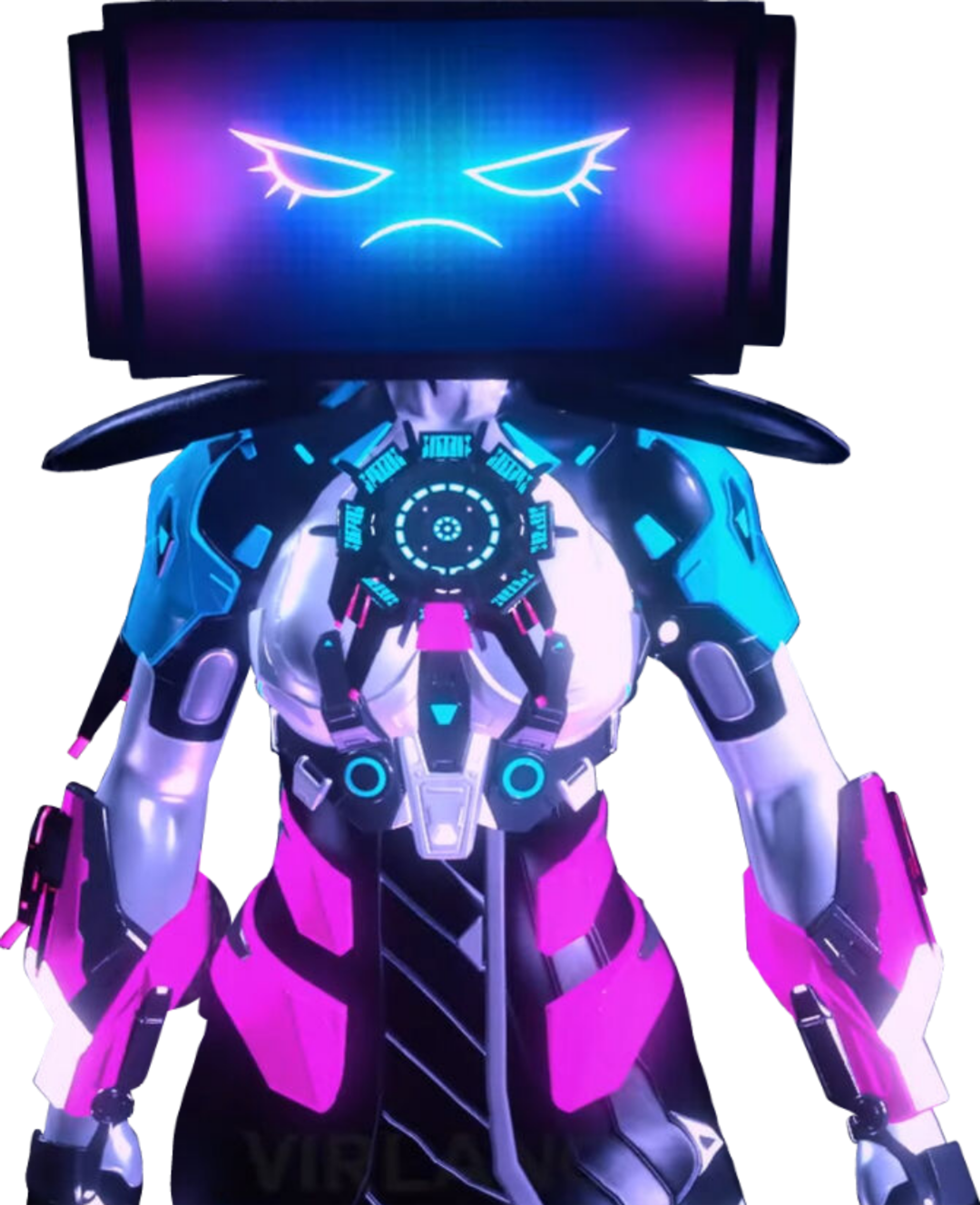 Female robotic character with computer screen head