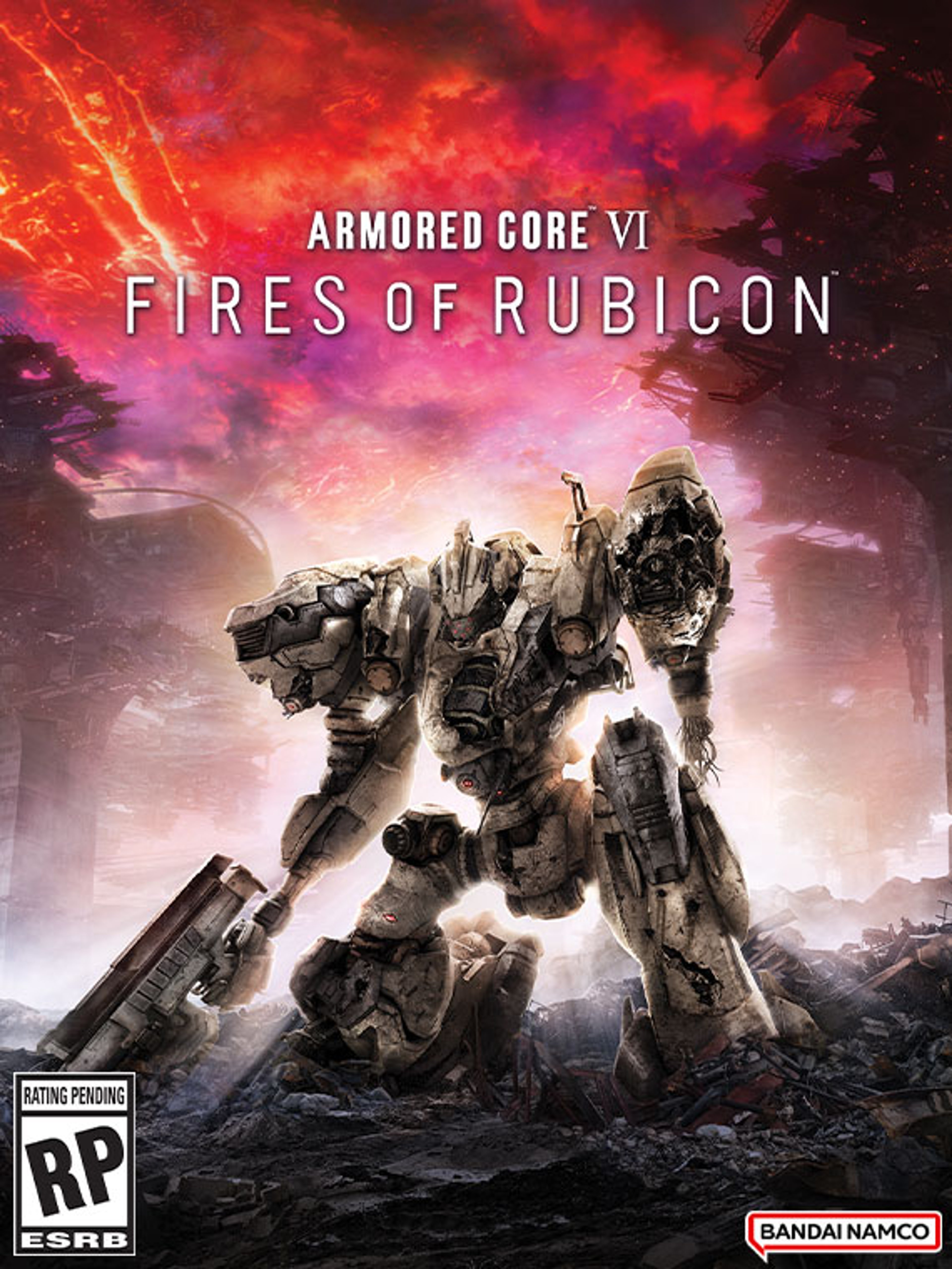 A large, heavily armored mech suit or vehicle standing in a fiery, apocalyptic landscape.