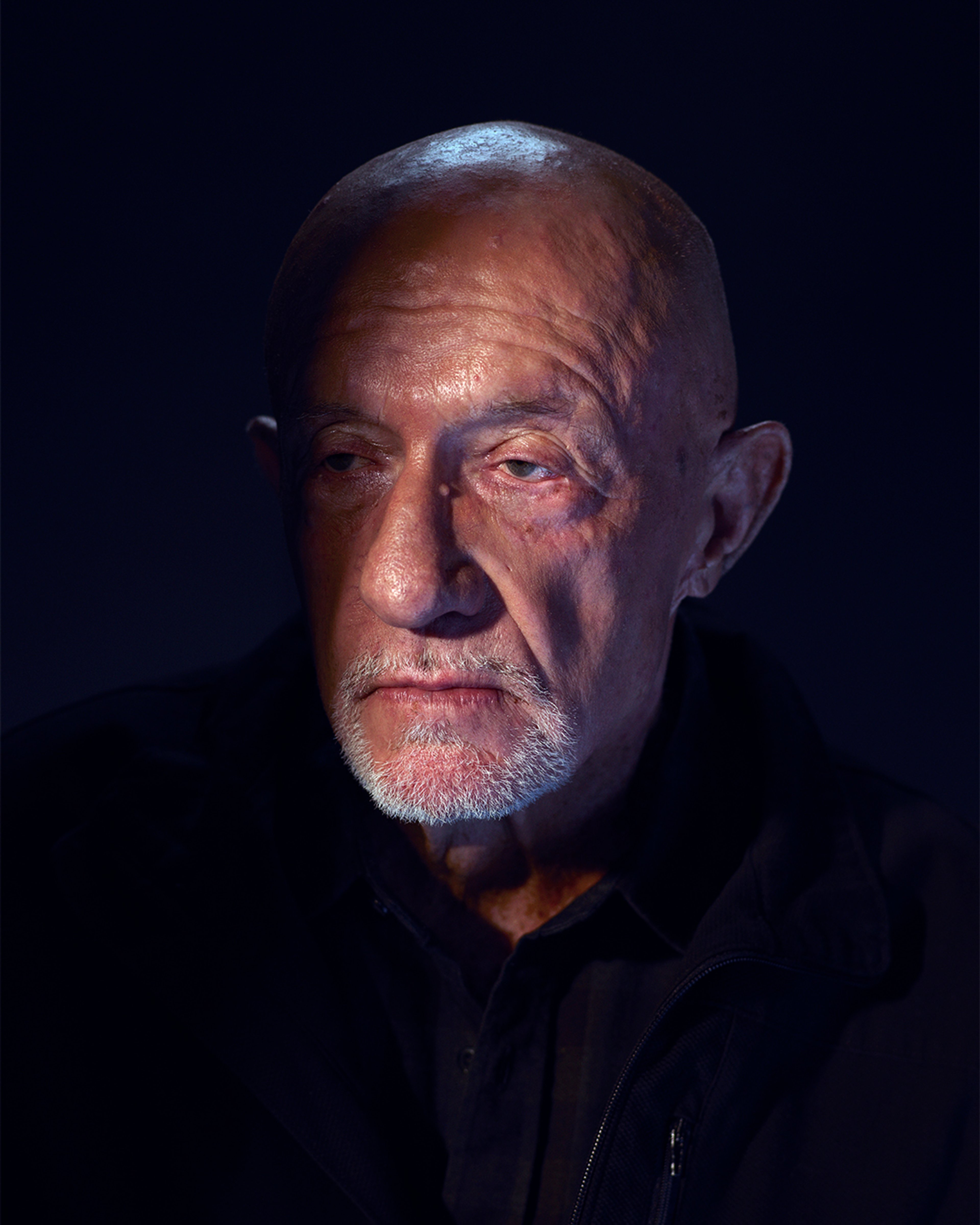 Portrait of an older bald man with a gray beard wearing a dark jacket