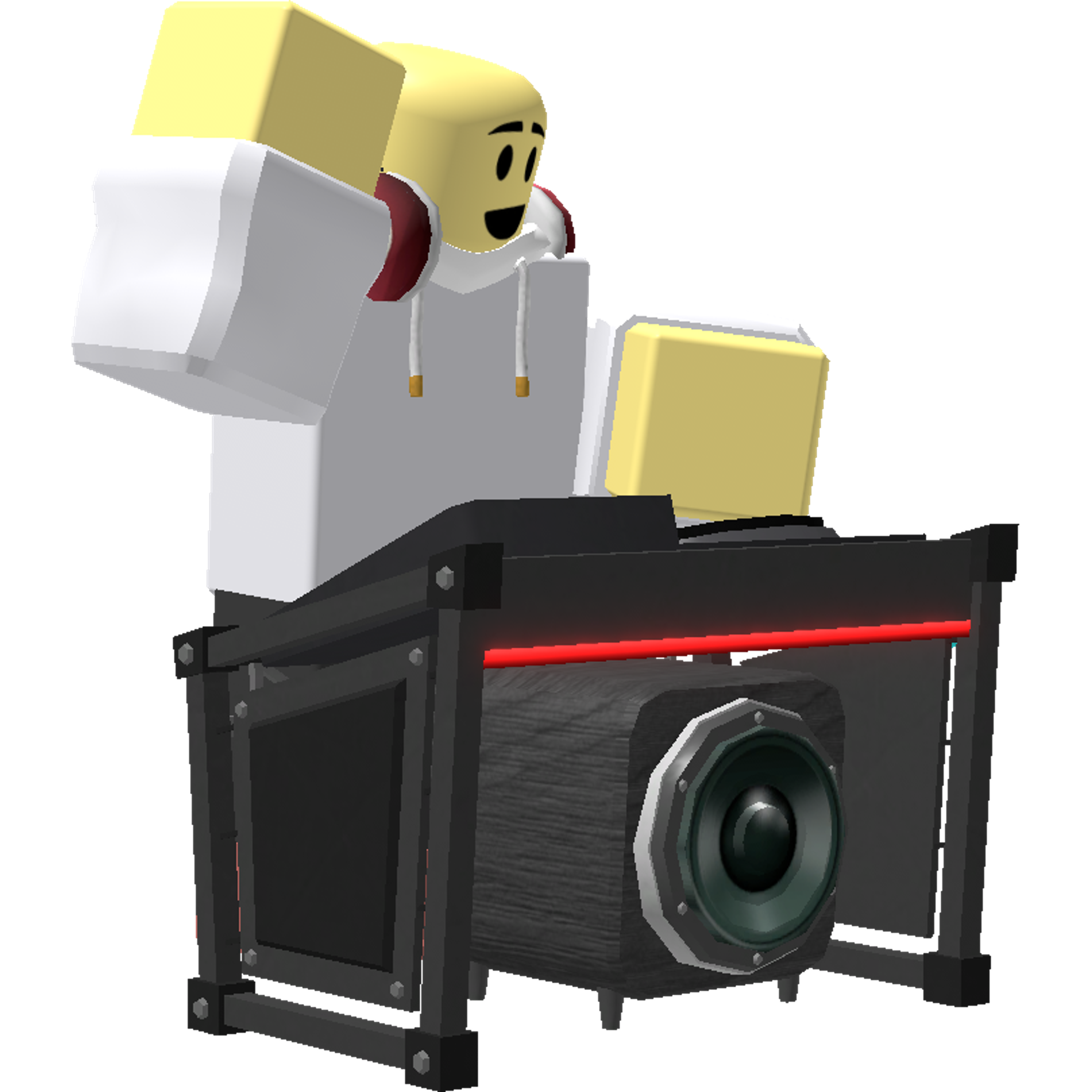 A cartoon character with a boxy head and body, wearing a yellow shirt and carrying audio equipment on their back.