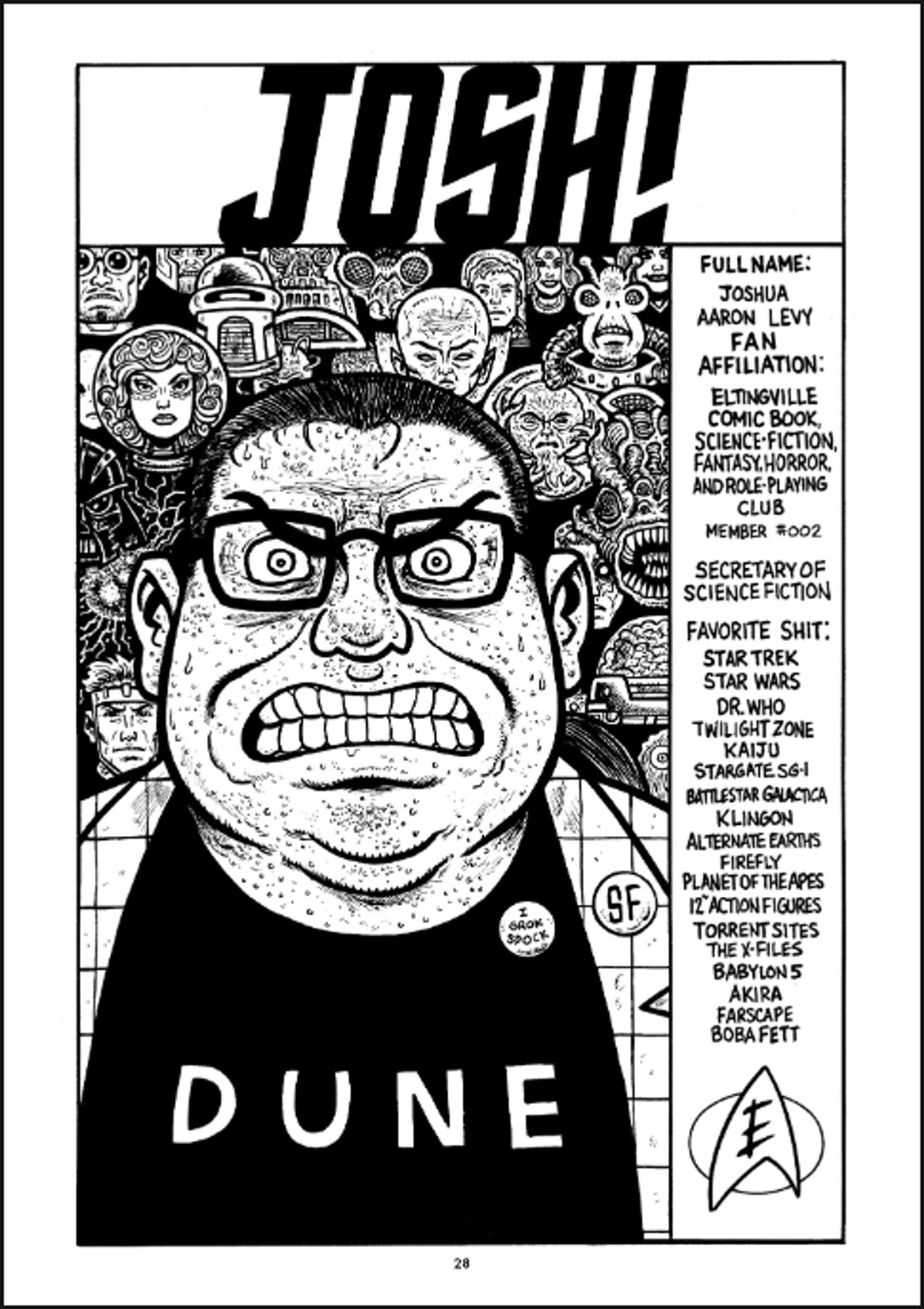 A comic book-style illustration of a man with glasses, a ponytail, and an intense expression wearing a Dune t-shirt.