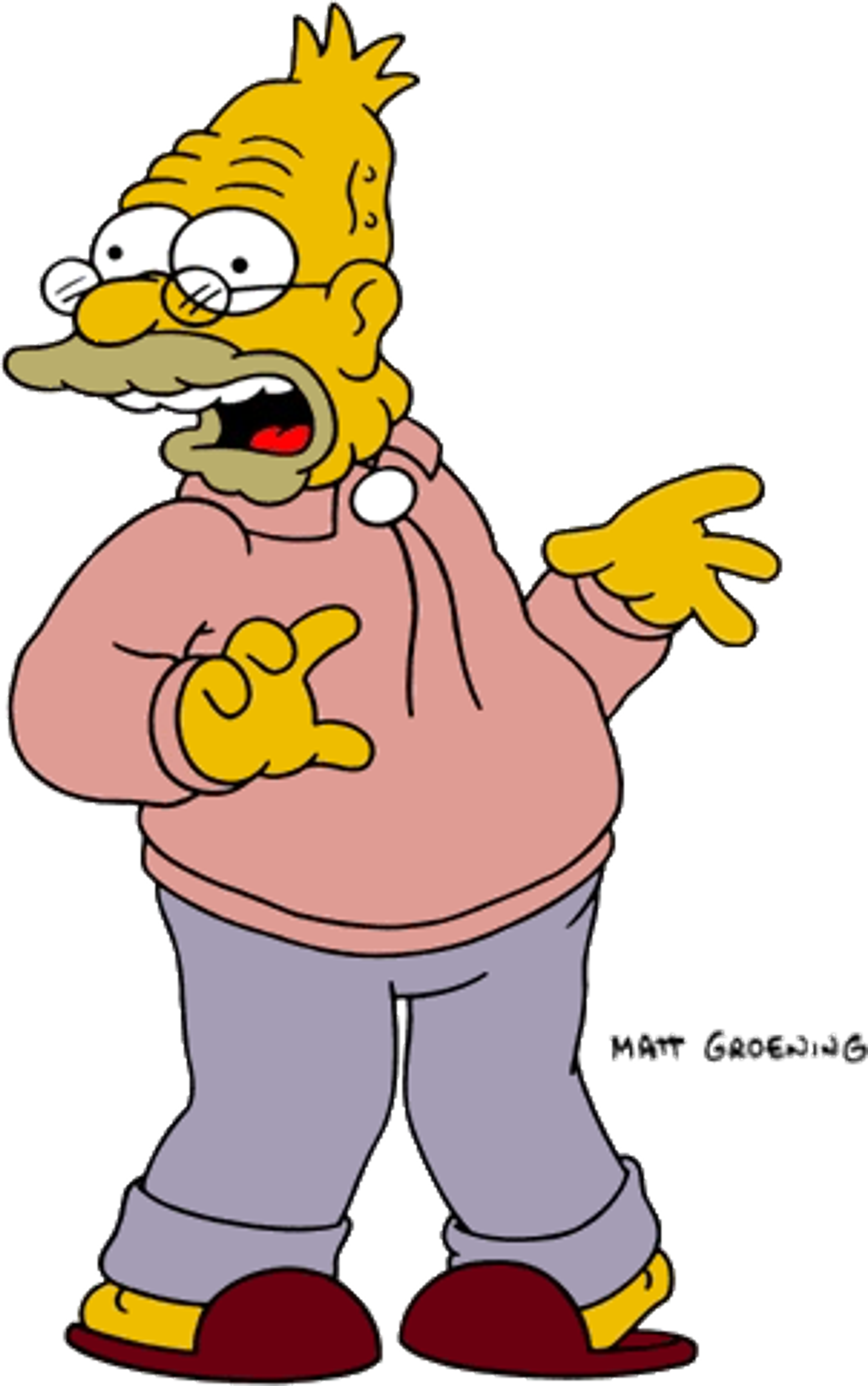An elderly, overweight cartoon man with a surprised expression