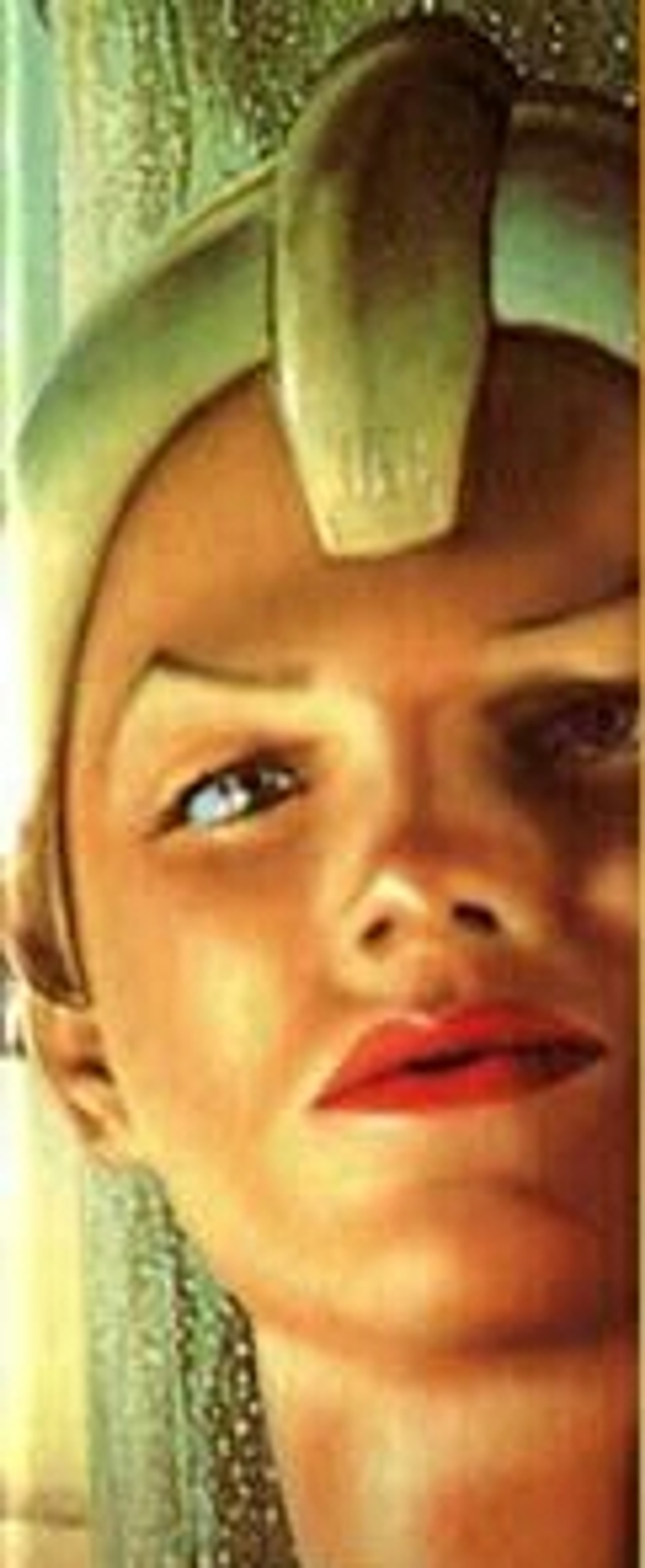 Close-up portrait of a striking, intense-looking woman with an elaborate hairstyle and headpiece