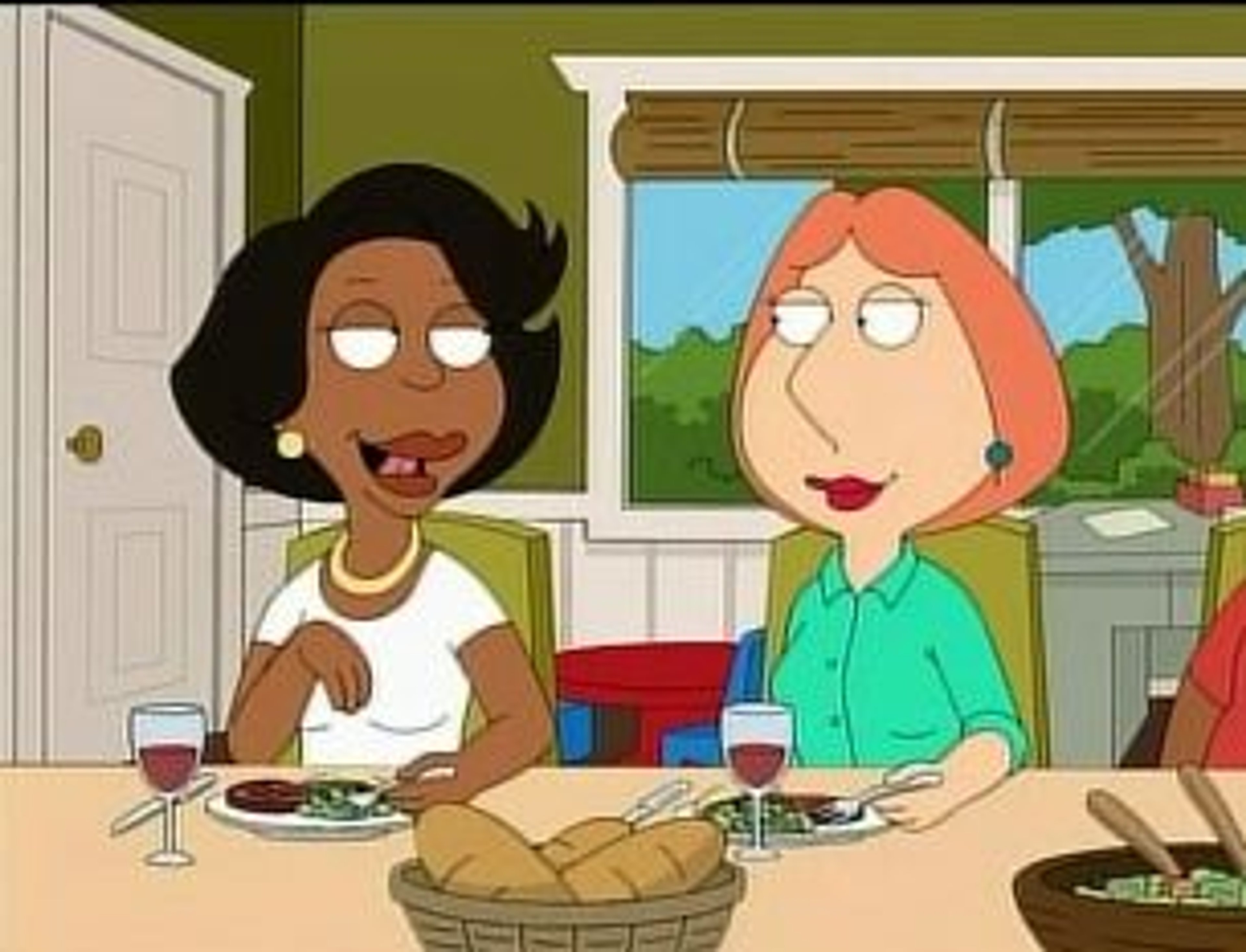 Two animated female characters sitting at a table and eating a meal