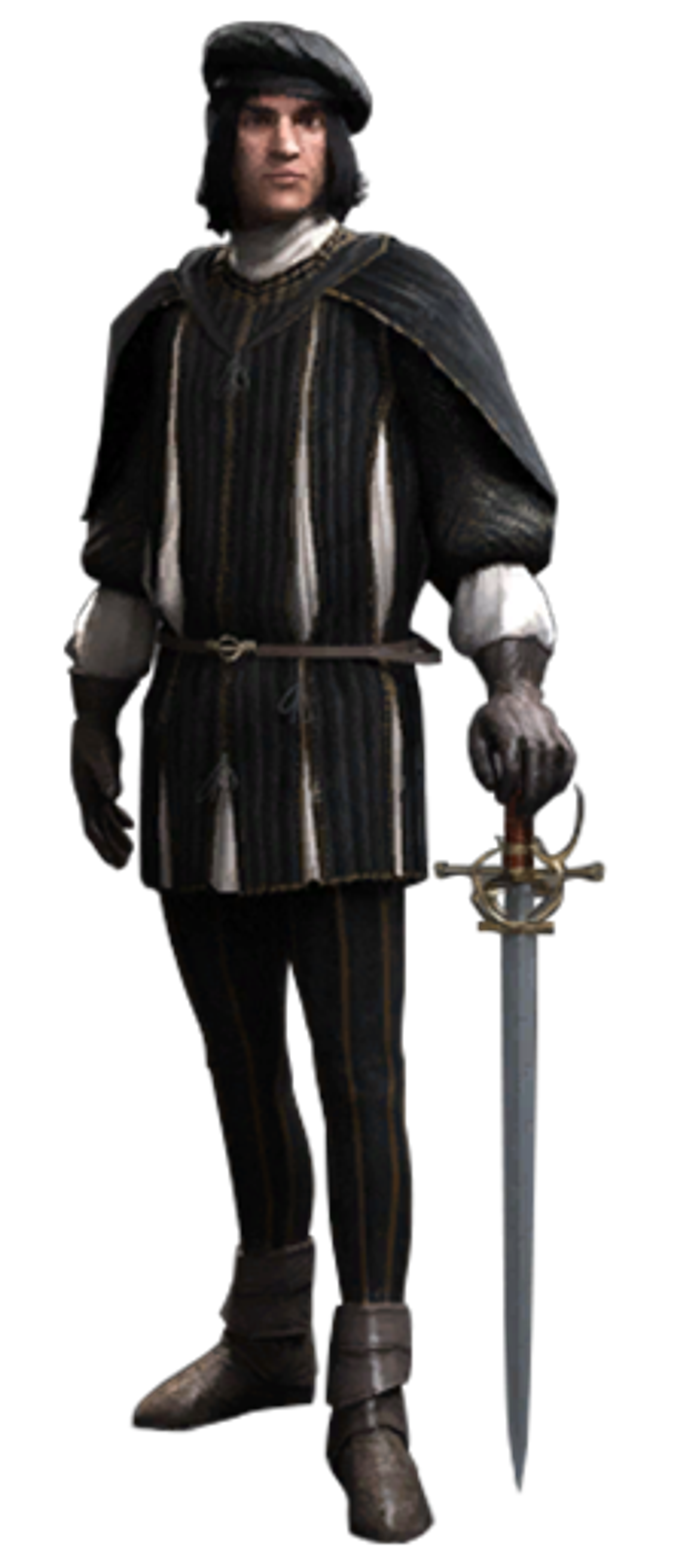 A young man in a dark hooded cloak holding a sword