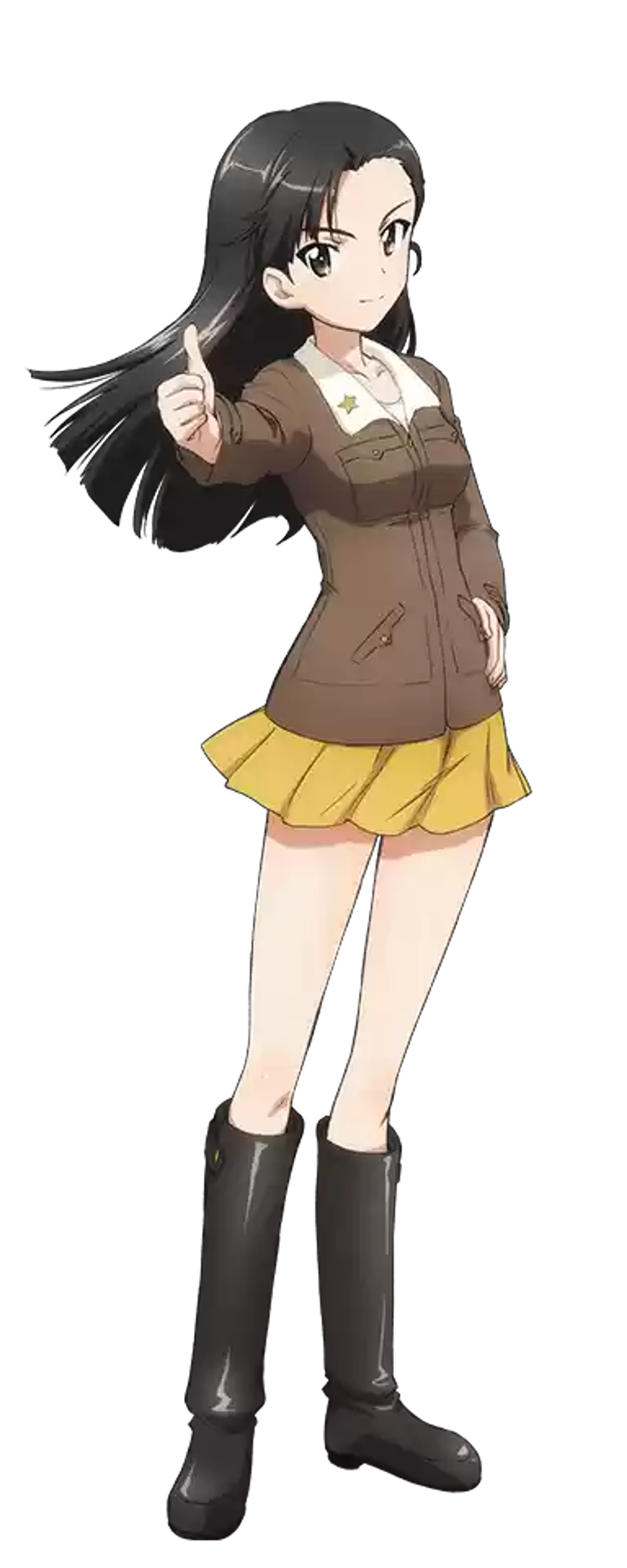 A young woman with black hair and a formal military-style appearance standing with her hands clasped in front of her.