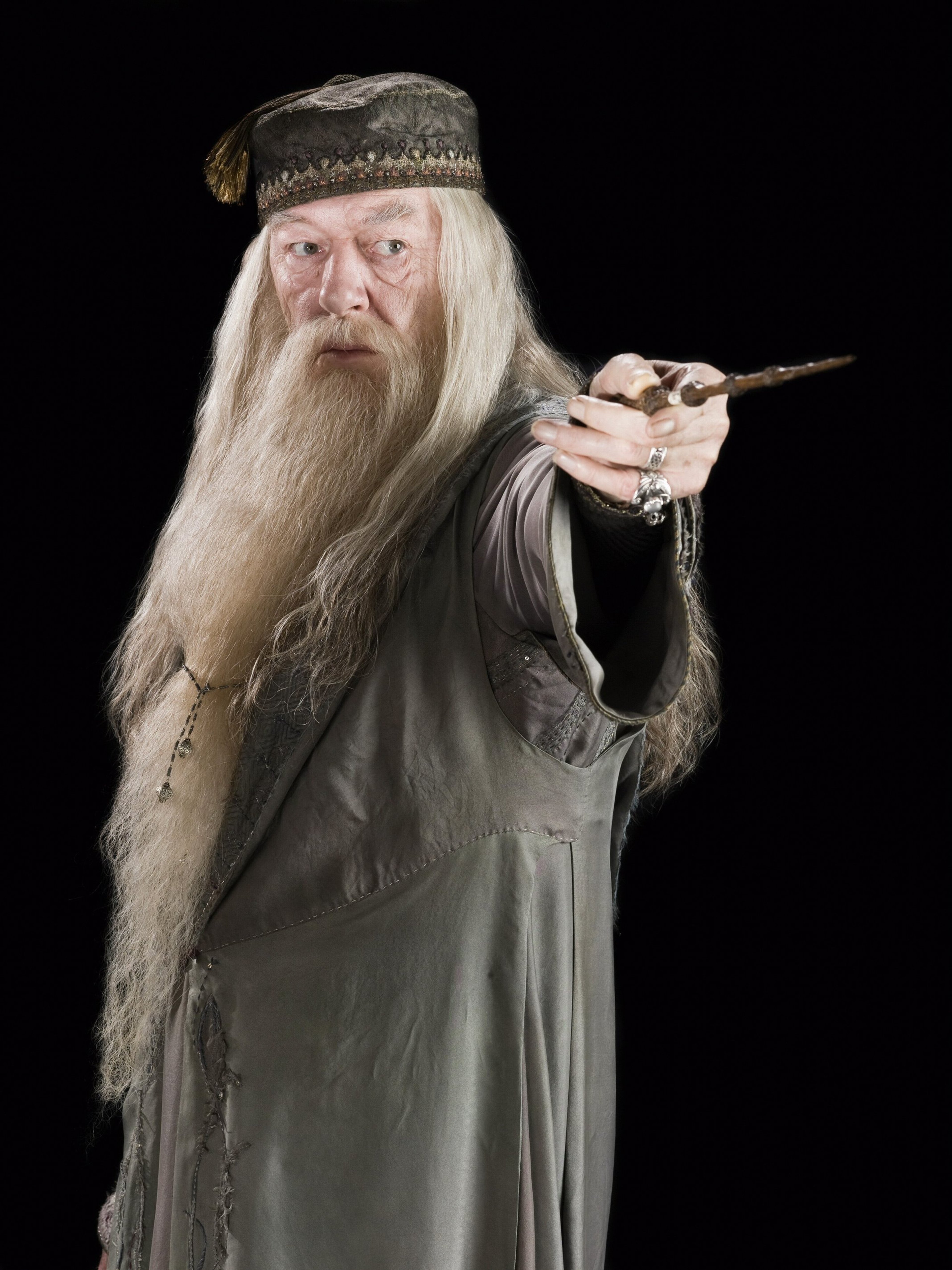 An elderly wizard with long white hair and a beard, wearing a gray robe and pointed hat, holding a wand.