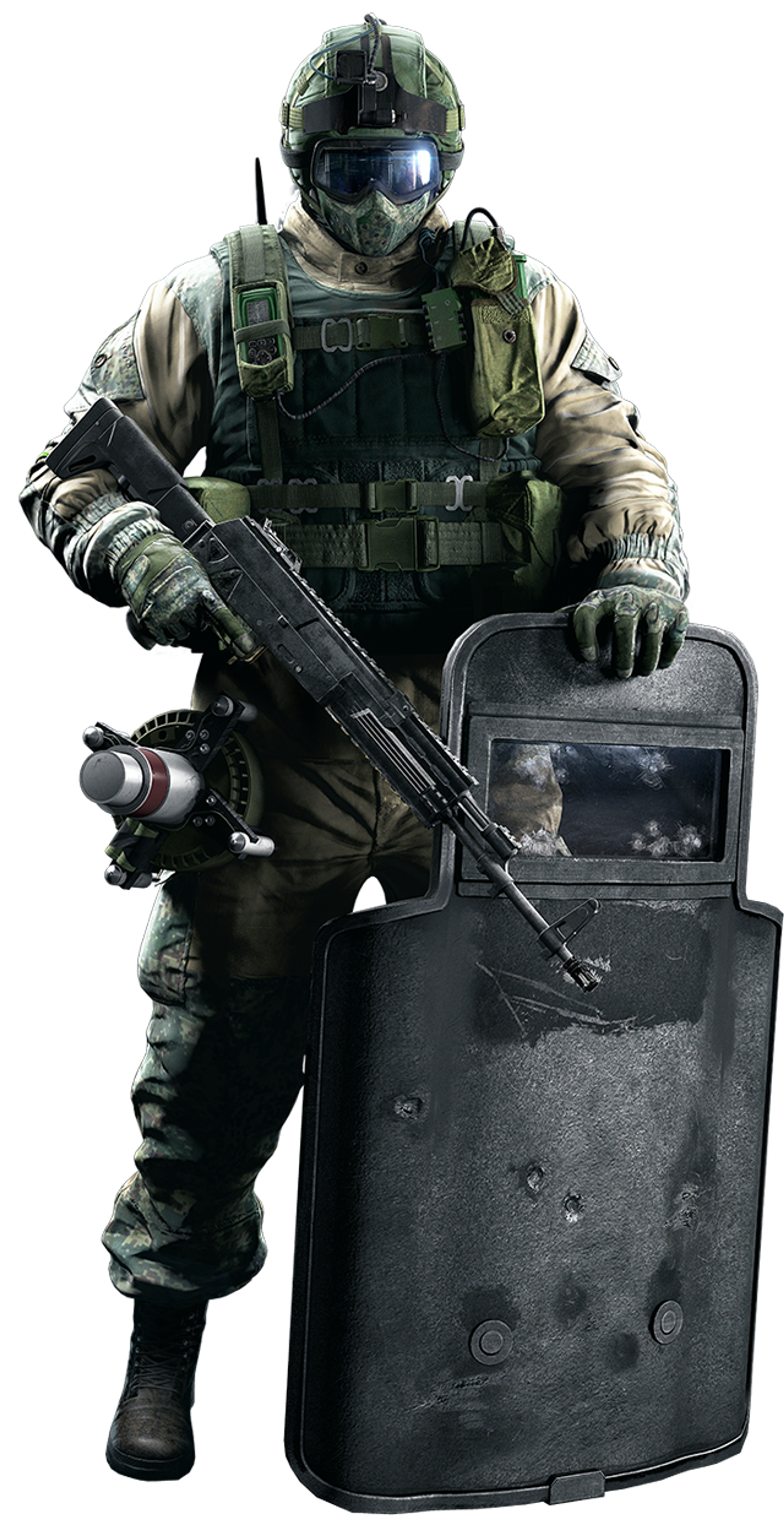 A heavily armed and armored military operator in a combat-ready stance