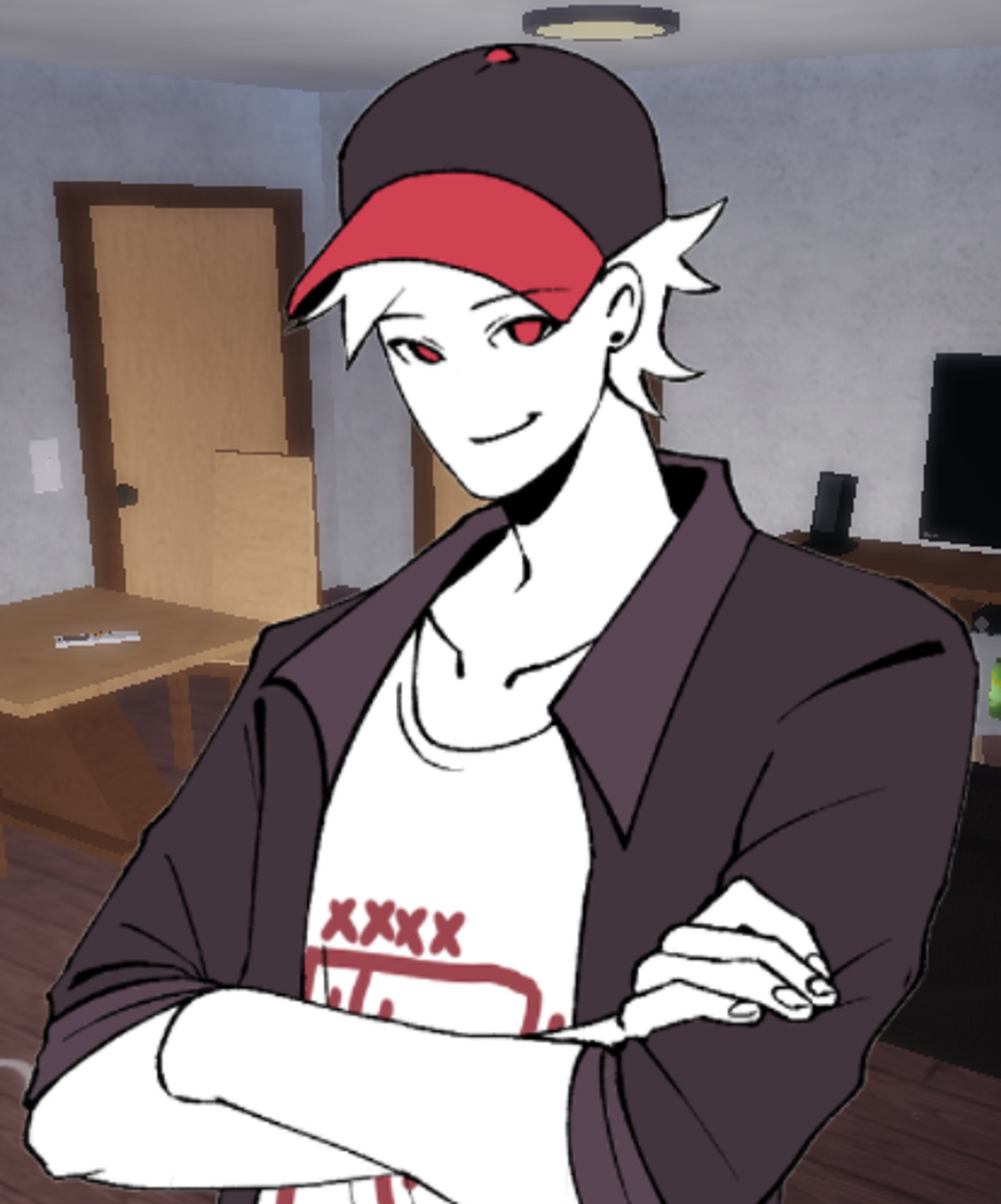 A young man with short dark hair wearing a red baseball cap, a black t-shirt, and a dark jacket.