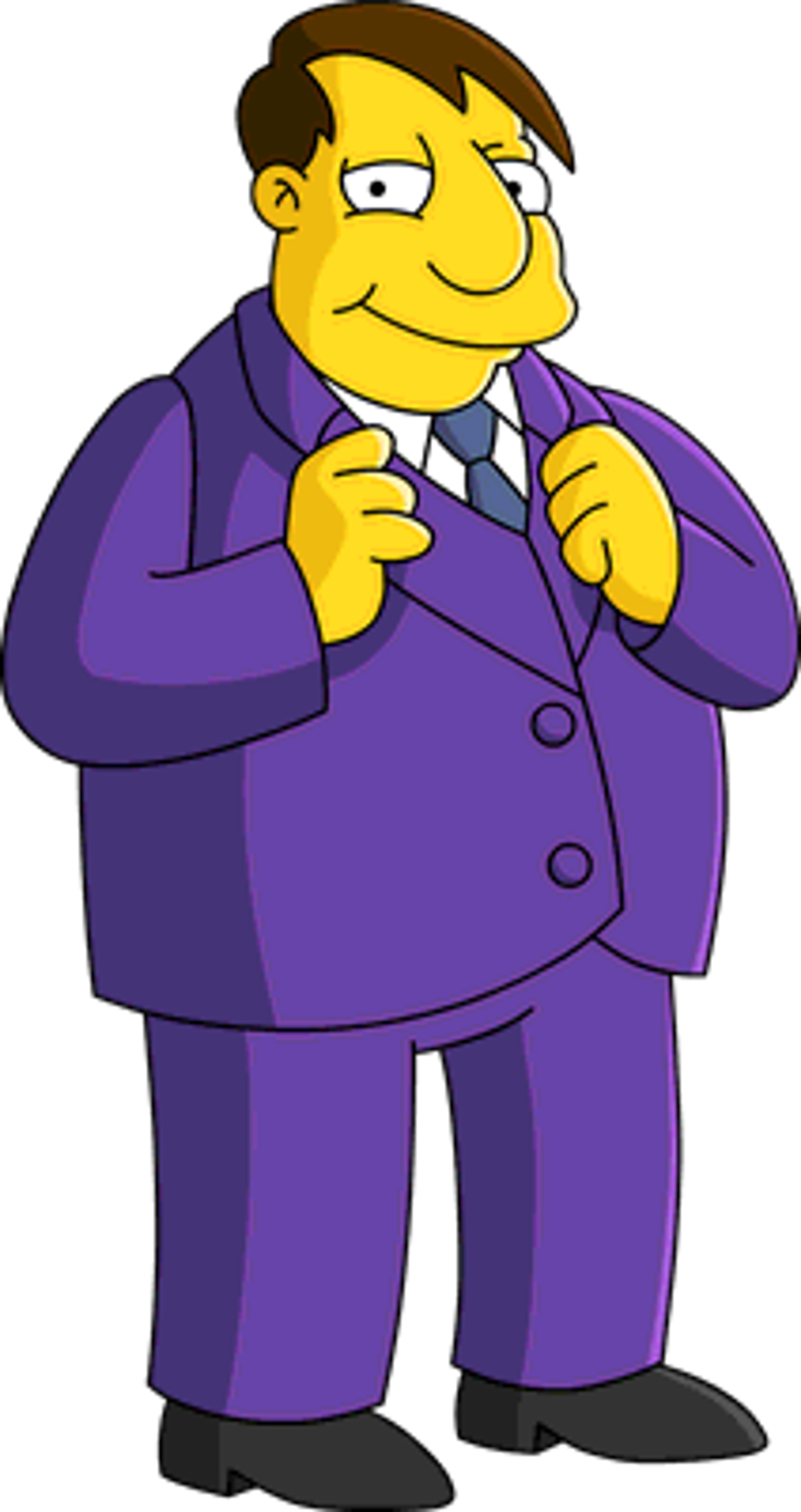 A cartoon character of an older, overweight man in a purple suit jacket and tie, with a large nose and mischievous expression
