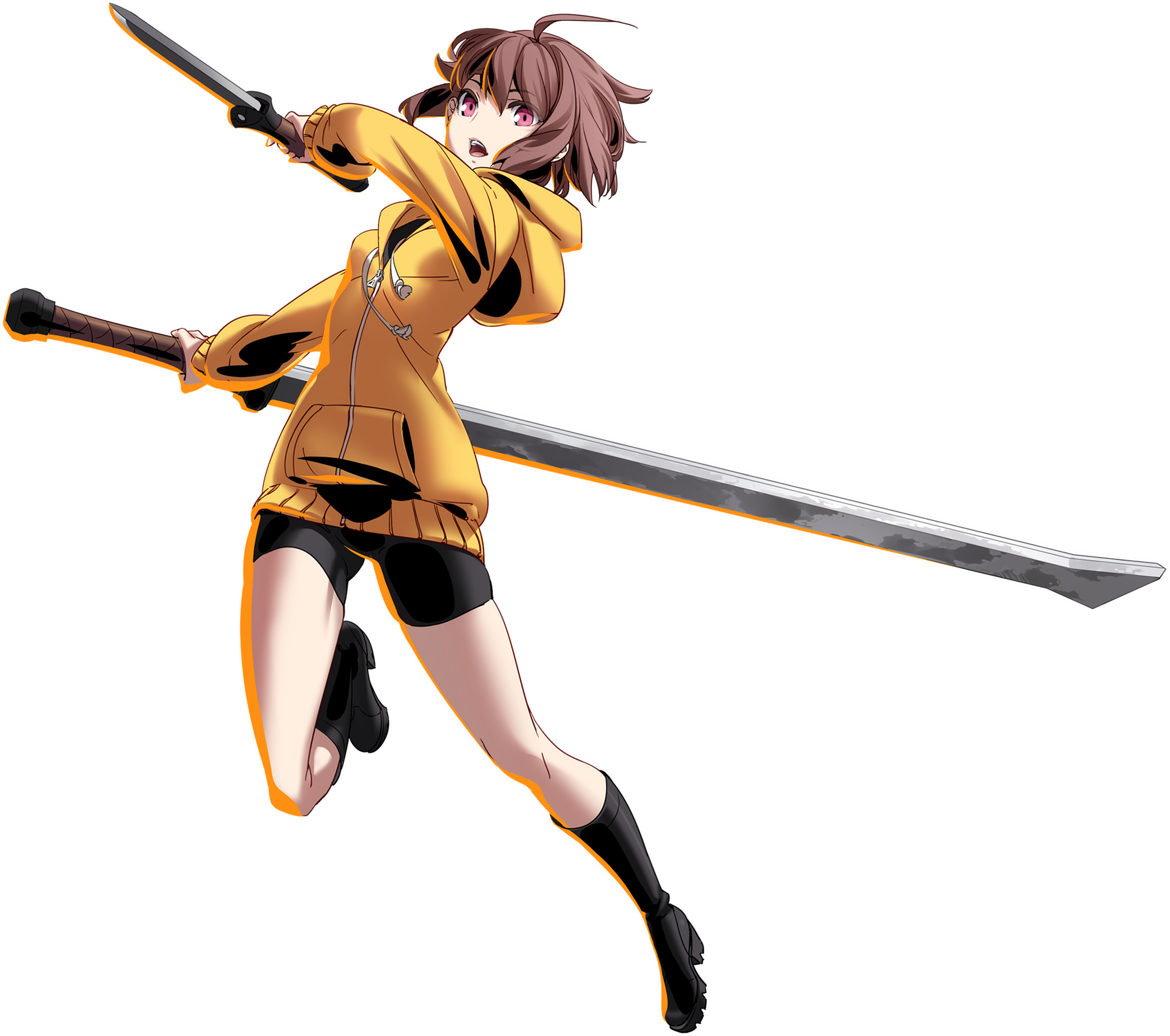 A young female character with short brown hair and brown eyes, wearing a yellow hoodie and black outfit, wielding a sword in a combat stance.