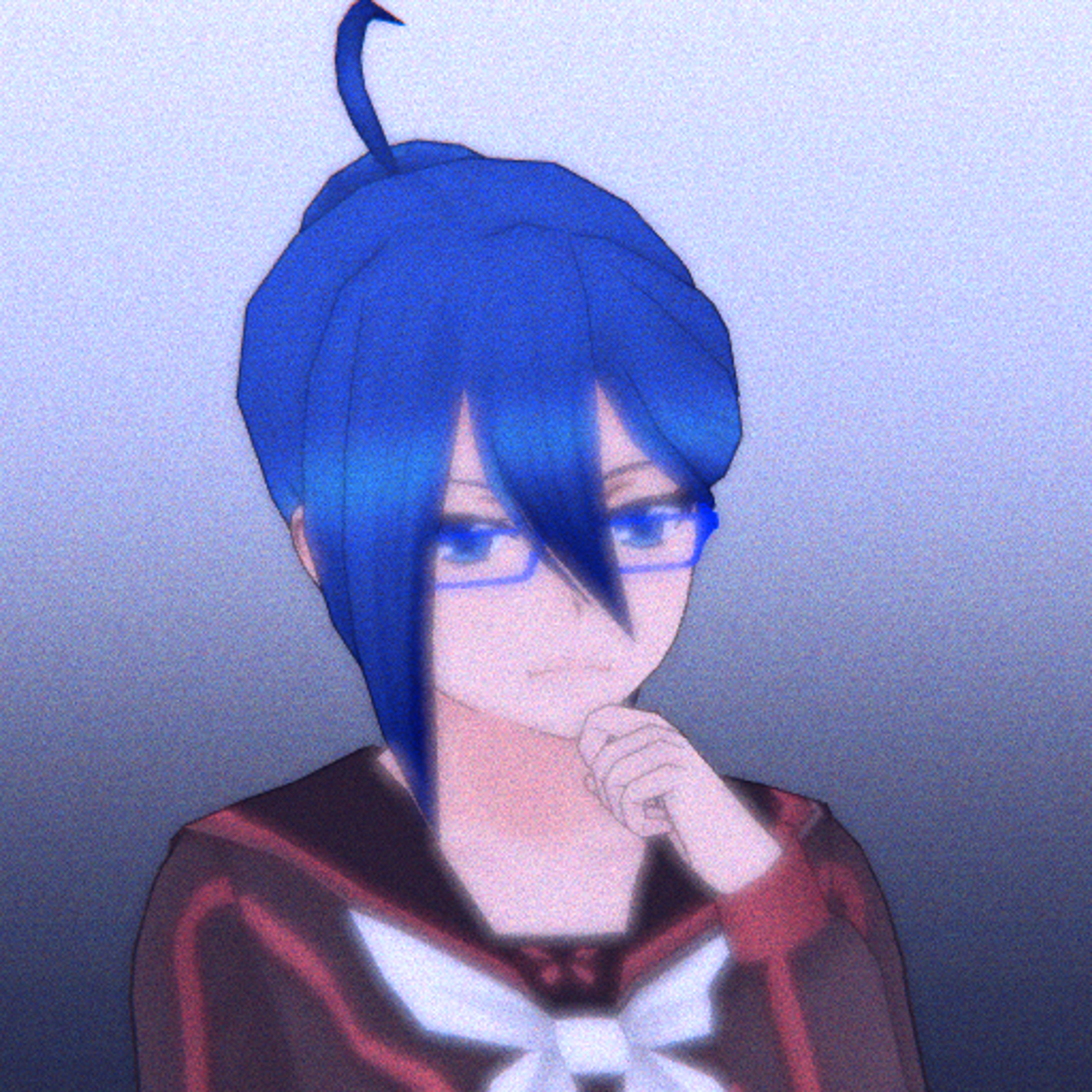 An anime-style character with blue hair and glasses