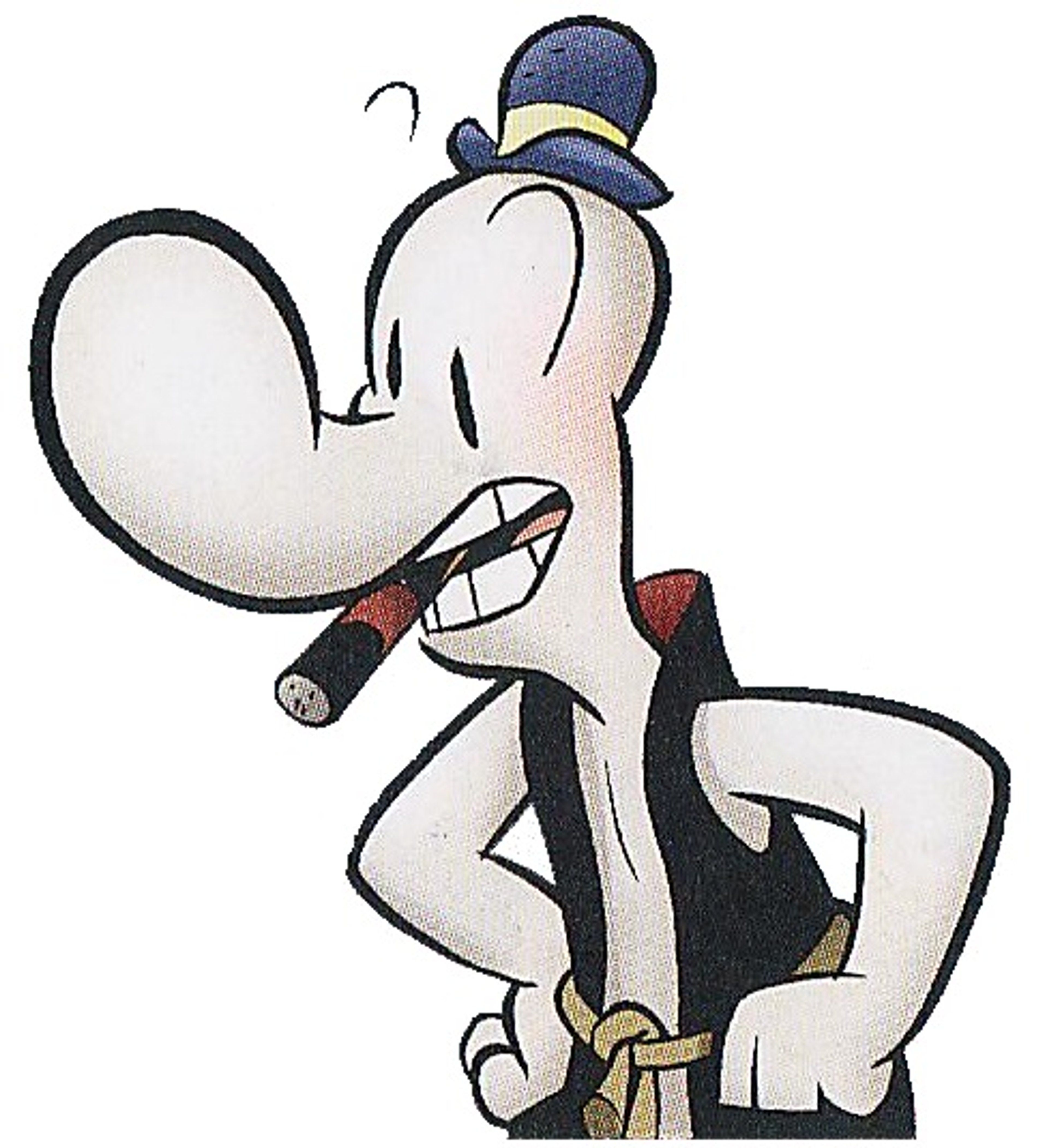 An anthropomorphic cartoon character with a large head, wide grin, and lanky body, wearing a black hat, white shirt, and black pants.