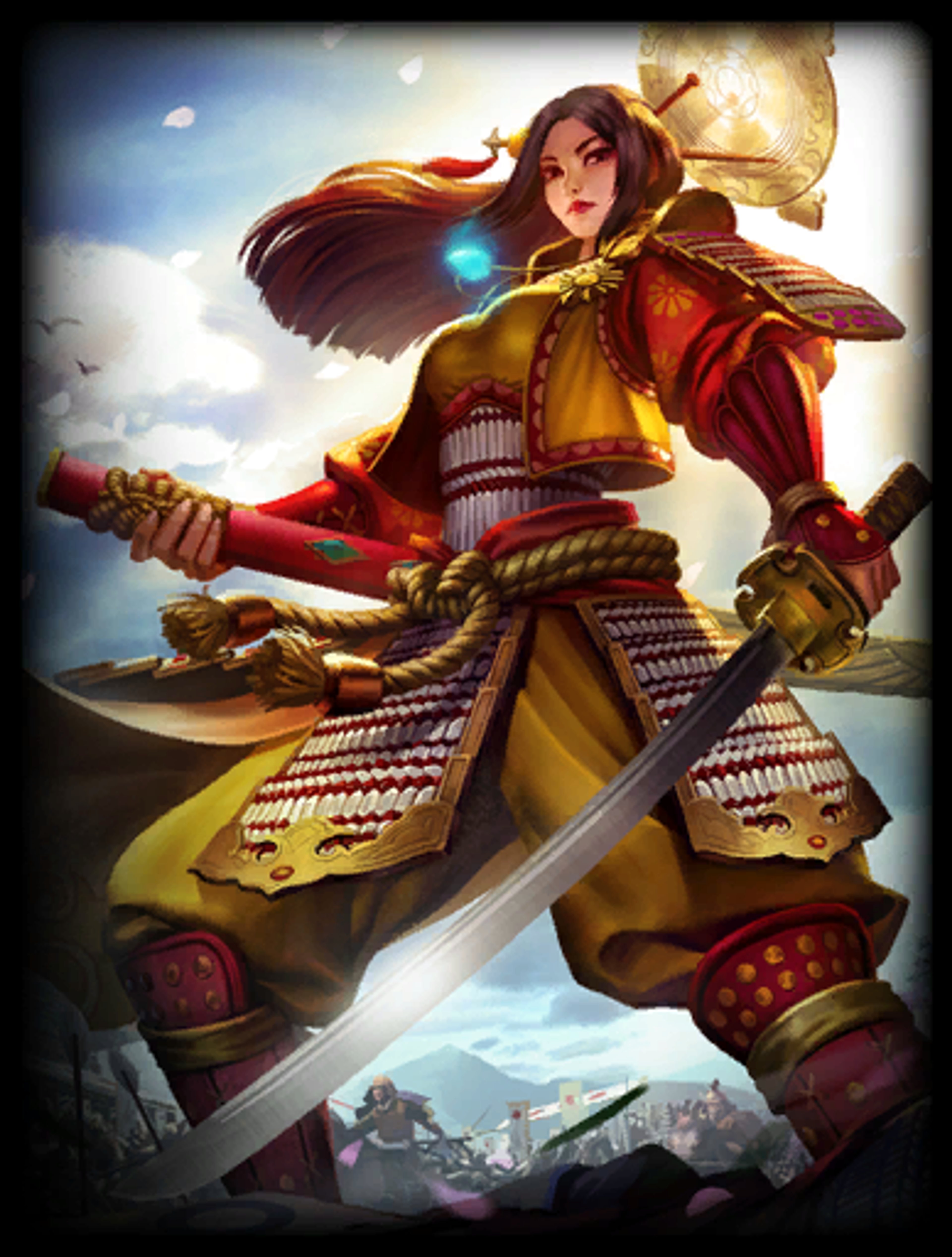 A powerful, sun goddess-like character in traditional Japanese attire, wielding a sword and standing in a heroic pose against a dramatic, mountainous backdrop.