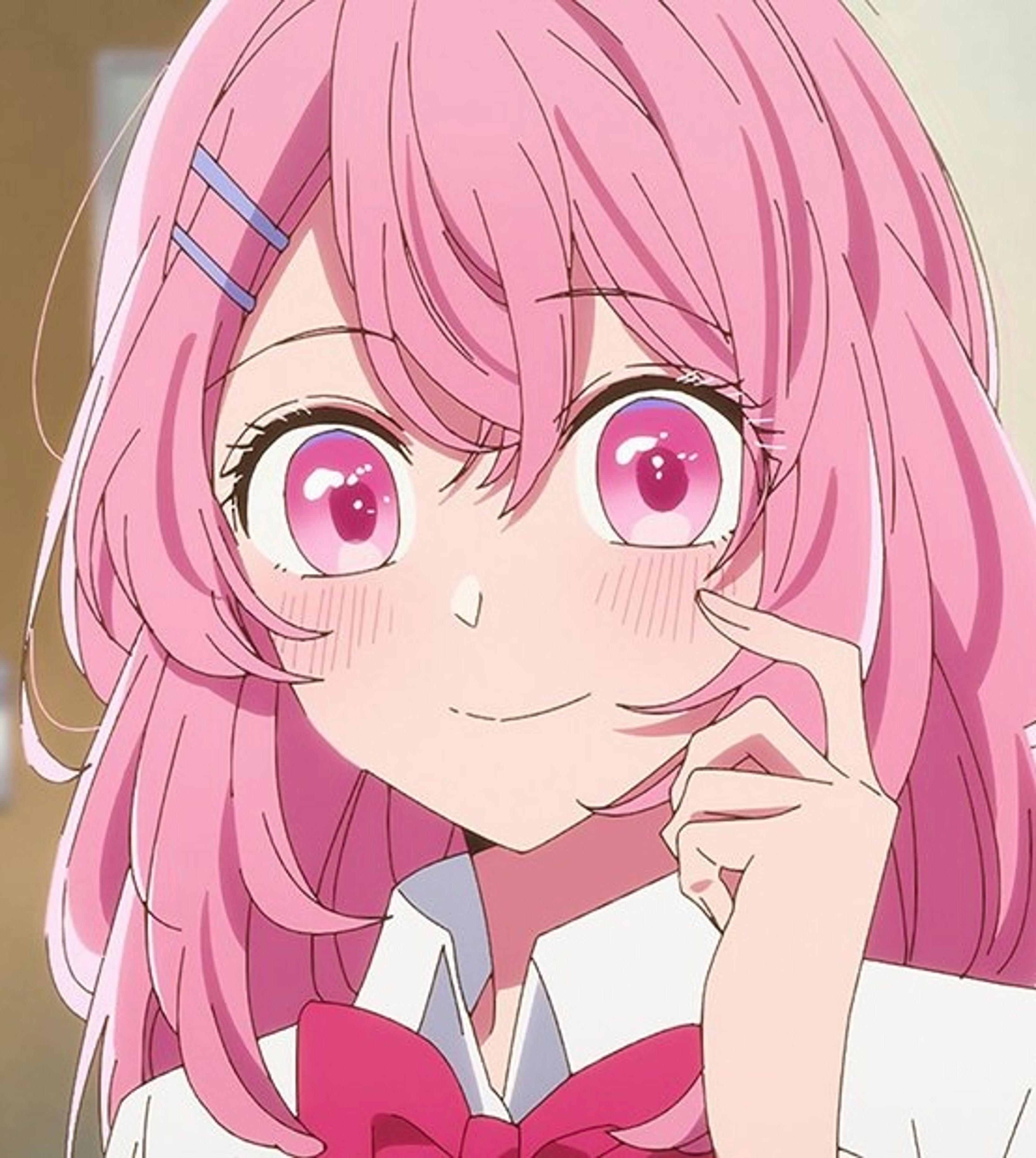 An anime-style character with pink hair and a friendly expression, wearing a school uniform.