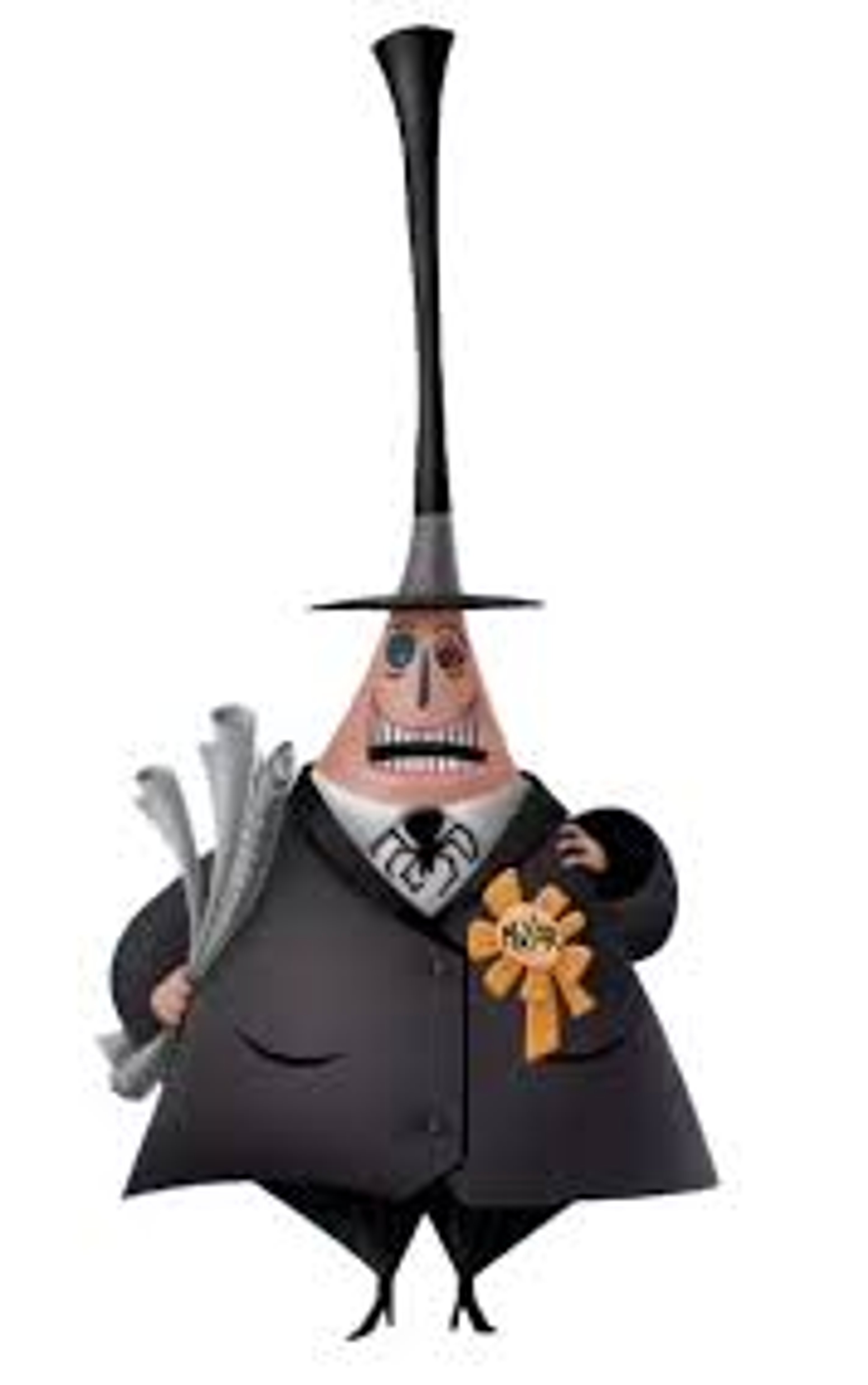 A cone-shaped character with a two-faced head and formal attire, including a top hat and mayoral sash.